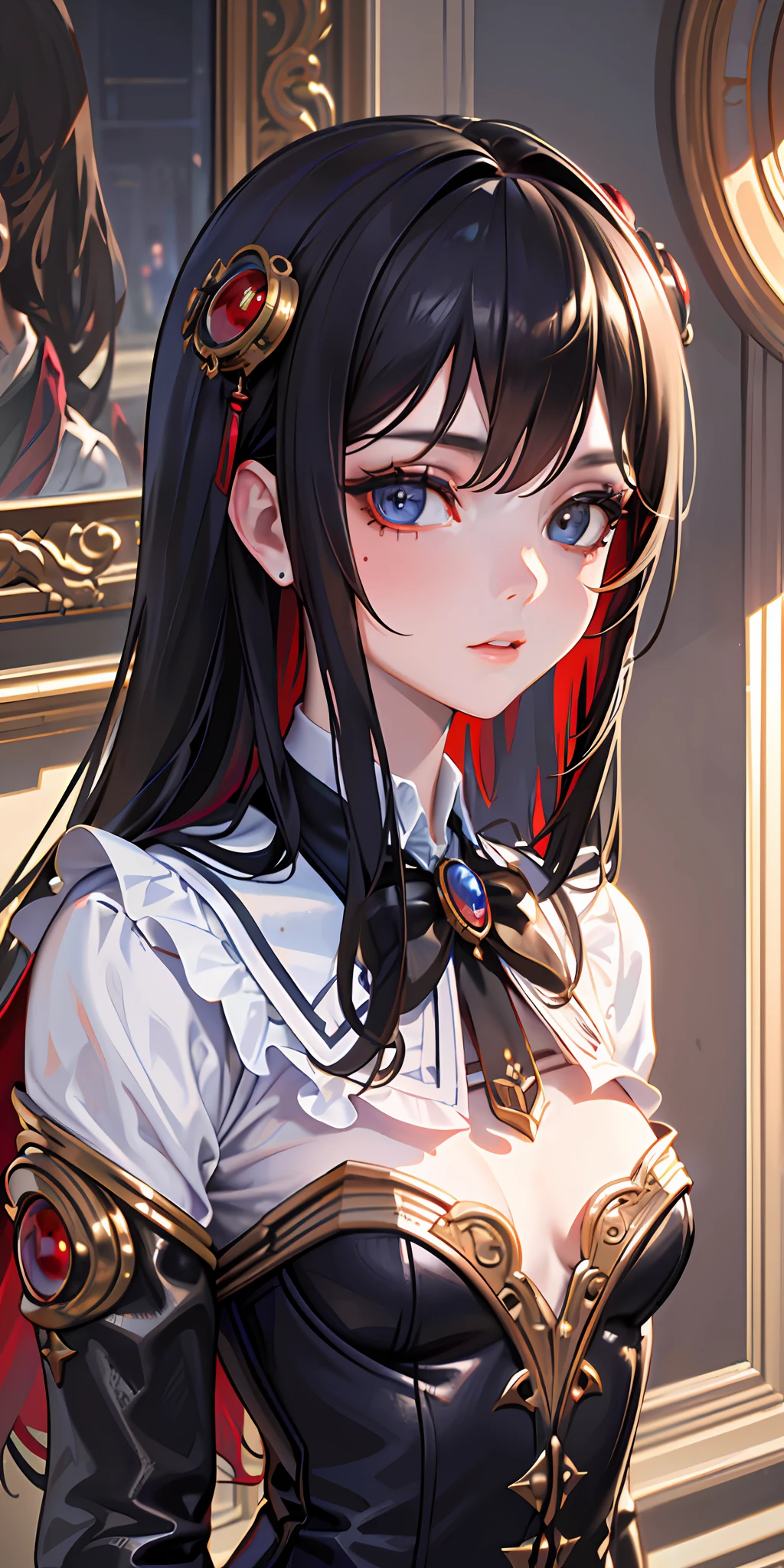(Masterpiece, Sidelighting, Finely Detailed Beautiful Eyes: 1.2), (Masterpiece*Portrait), Portrait, (Bust), Realistic, 3D Face, Lusious Skin, ((Solo)), (Close-up of Face), Scarlet Eyes, Hanging Corners, (Highly Detailed Skin, Visible Pores)), (Slim Body) , a beautiful steampunk girl with small breasts, (School uniform)