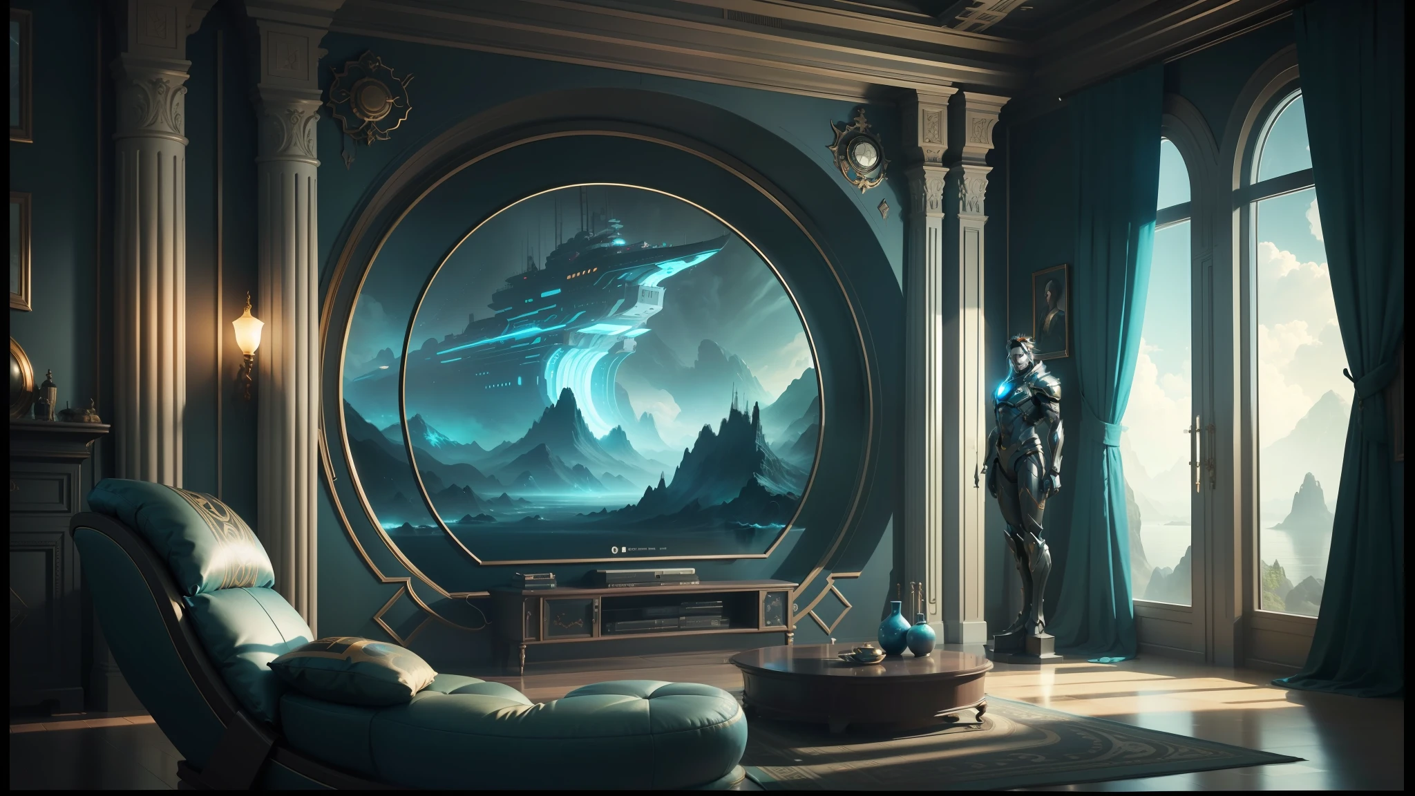 there is a large picture of a man in a boat in a room, cgsociety 9, futuristic room background, futuristic. game cg, sci-fi fantasy wallpaper, cgsociety 4 k, gorgeous 3d render, 8k stunning artwork, cgsociety 4k, painting of ornate space ship, cgsociety hd, fantasy space, 8k fantasy art, stunning cgsociety --auto --s2