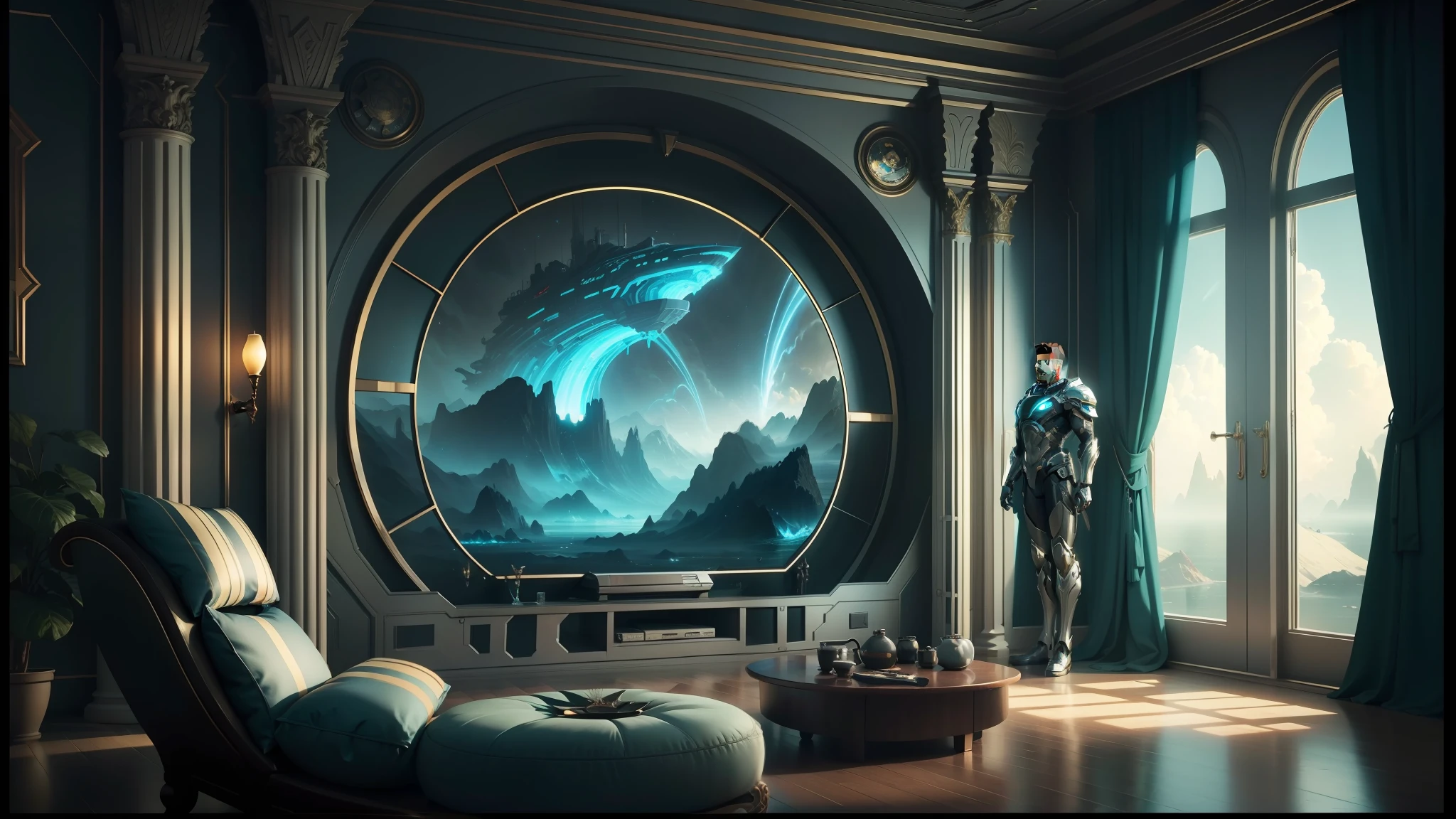 there is a large picture of a man in a boat in a room, cgsociety 9, futuristic room background, futuristic. game cg, sci-fi fantasy wallpaper, cgsociety 4 k, gorgeous 3d render, 8k stunning artwork, cgsociety 4k, painting of ornate space ship, cgsociety hd, fantasy space, 8k fantasy art, stunning cgsociety --auto --s2