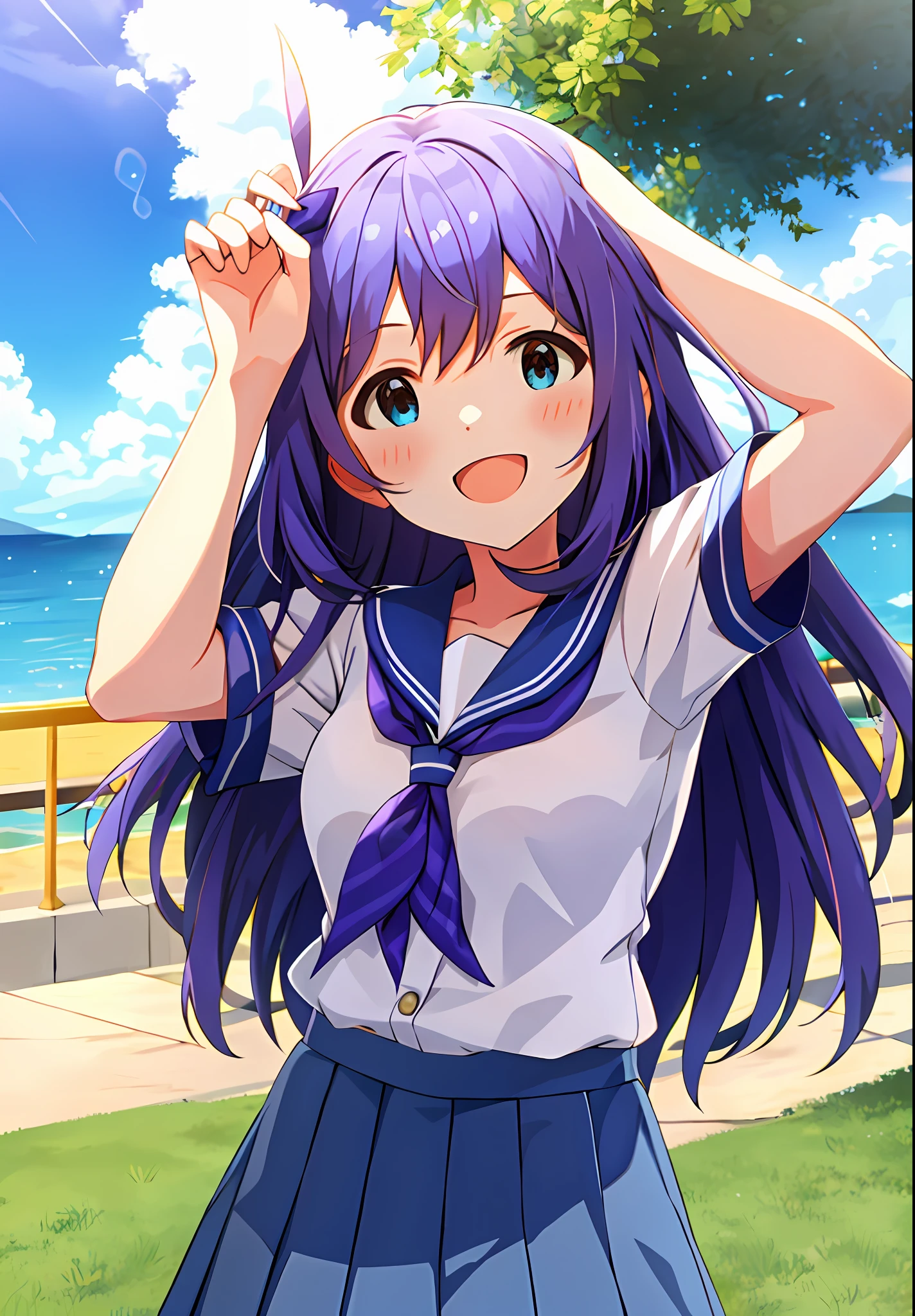 Anna Mochizuki (Million Live), Shiny Trinity \ (Costume), (Best Quality, 8K, Masterpiece, Super Detail: 1.2), Sea, Sun, Mottled Sunlight, Blue Sky, Beautiful Clouds, 1 Girl, Solo, Skirt, Smile, Open Mouth, V, Watch Viewer, White Sailor Color, Blue Shirt, Sailor Color, Blue Skirt, Pleated Skirt, Short Sleeve, :d, Shirt, School Uniform, Blush, Serafuk, Clavicle, bow, ribbon, blue bow.