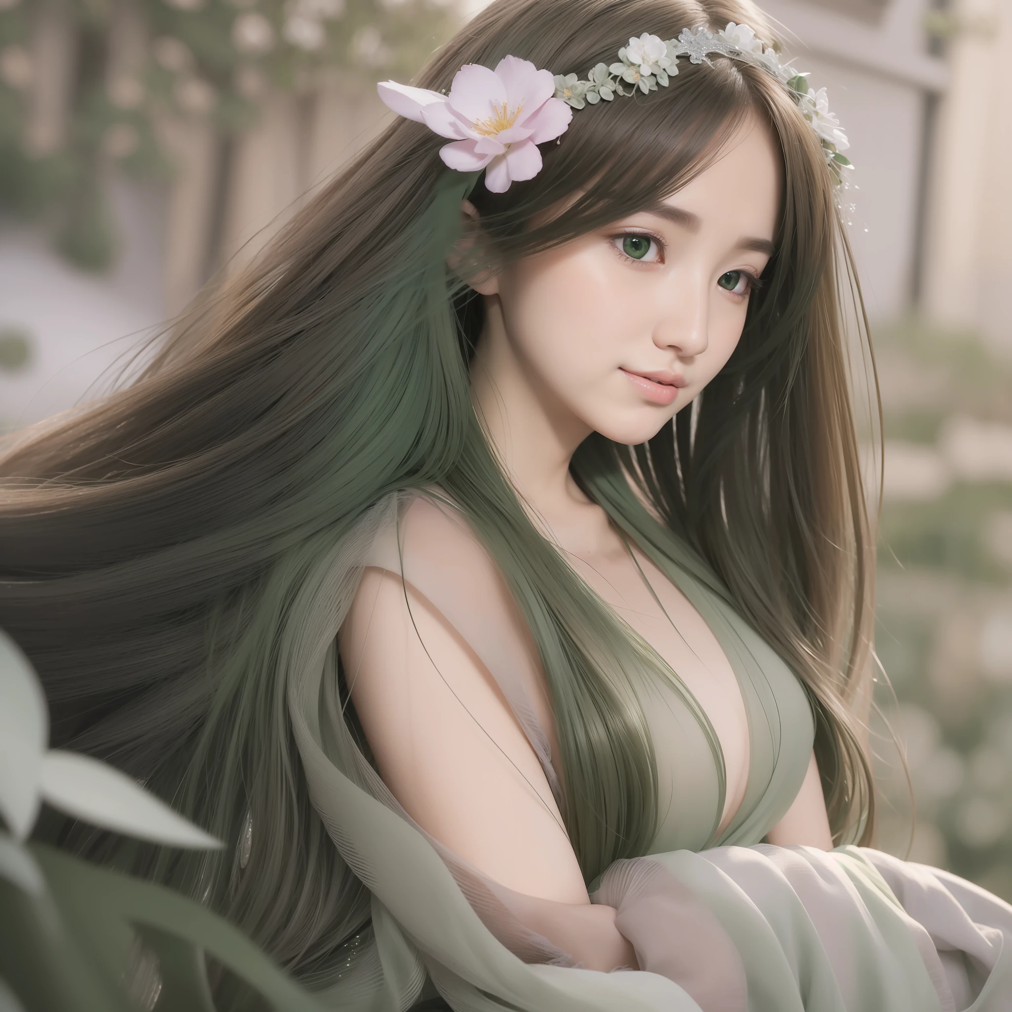 The highest quality, masterpiece, exquisite CG, withering and falling petals, rich picture, beautiful, charming, perfect, dreamy retouching, ultra-clear, HD, 8k, detailed face description, silver flowing long hair, dressed in matcha green costume, dark green jewel-like eyes, overwhelming, soft expression, light smile