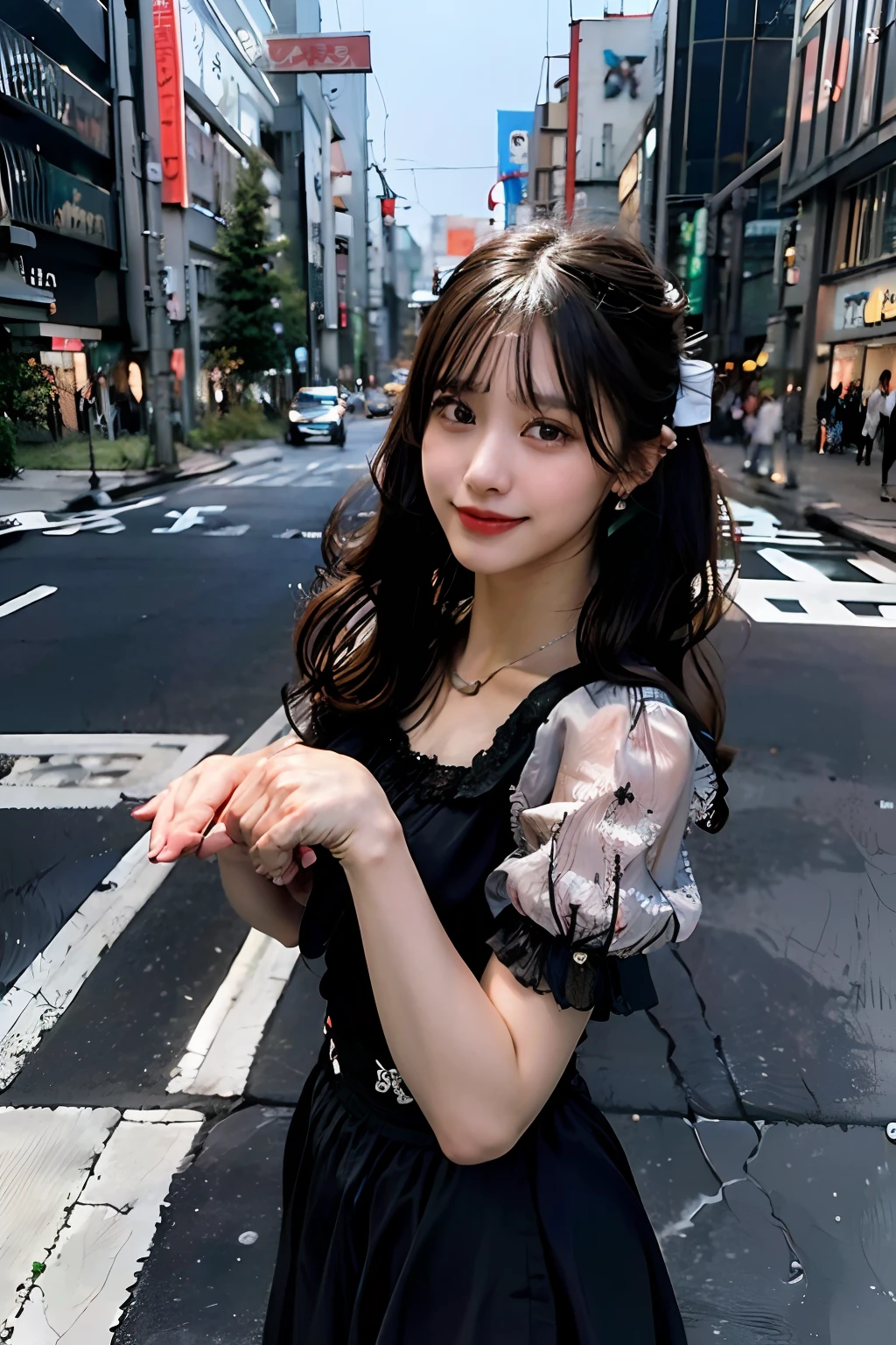 best quality, masterpiece, ultra high res, 8K, raw, (photo realistic:1.4), sharp focus, 1 girl, (detailed background:1.5), (tokyo street:1.3), full body, medium built, arched back, cute,18yo, laugh, big black eyes, tiny breasts, black hair, detailed clothes