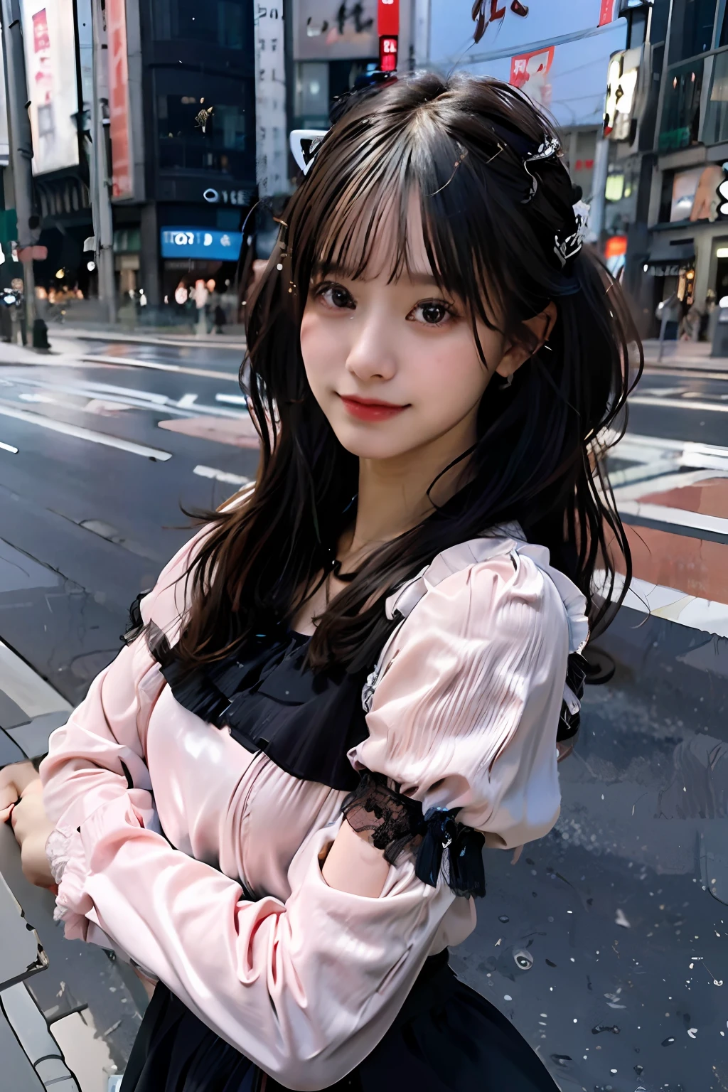 best quality, masterpiece, ultra high res, 8K, raw, (photo realistic:1.4), sharp focus, 1 girl, (detailed background:1.5), (tokyo street:1.3), full body, medium built, arched back, cute,18yo, laugh, big black eyes, tiny breasts, black hair, detailed clothes