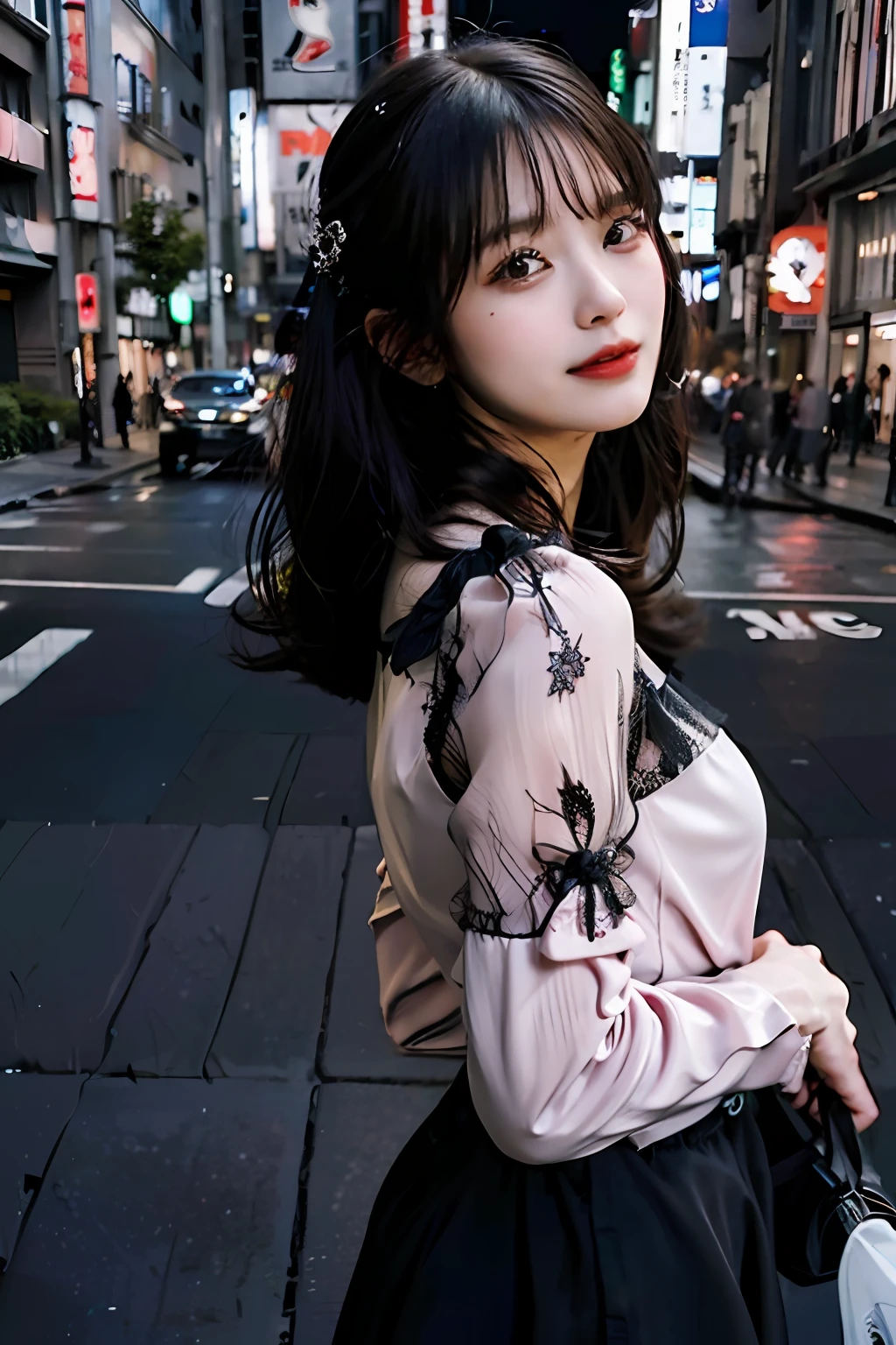 best quality, masterpiece, ultra high res, 8K, raw, (photo realistic:1.4), sharp focus, 1 girl, (detailed background:1.5), (tokyo street:1.3), full body, medium built, arched back, cute,18yo, laugh, big black eyes, tiny breasts, black hair, detailed clothes