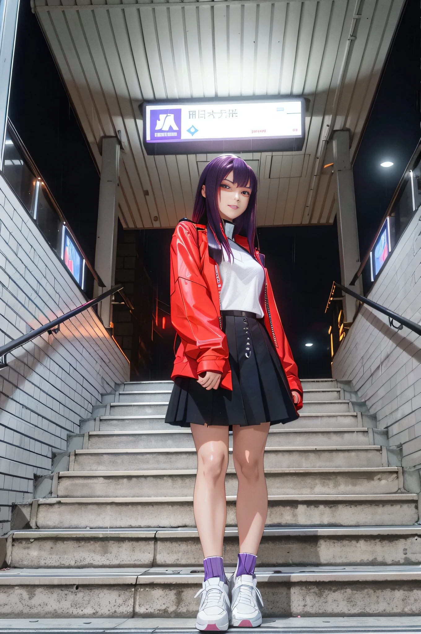 Coldest synthwave anime girl , Red hair , red eyes, war background , detail background, rain , rain detail , light , dark , character detail , assassin girl , military uniform, in the city , hand in double blade , girl in dark military uniform and purple neon light , his smile
