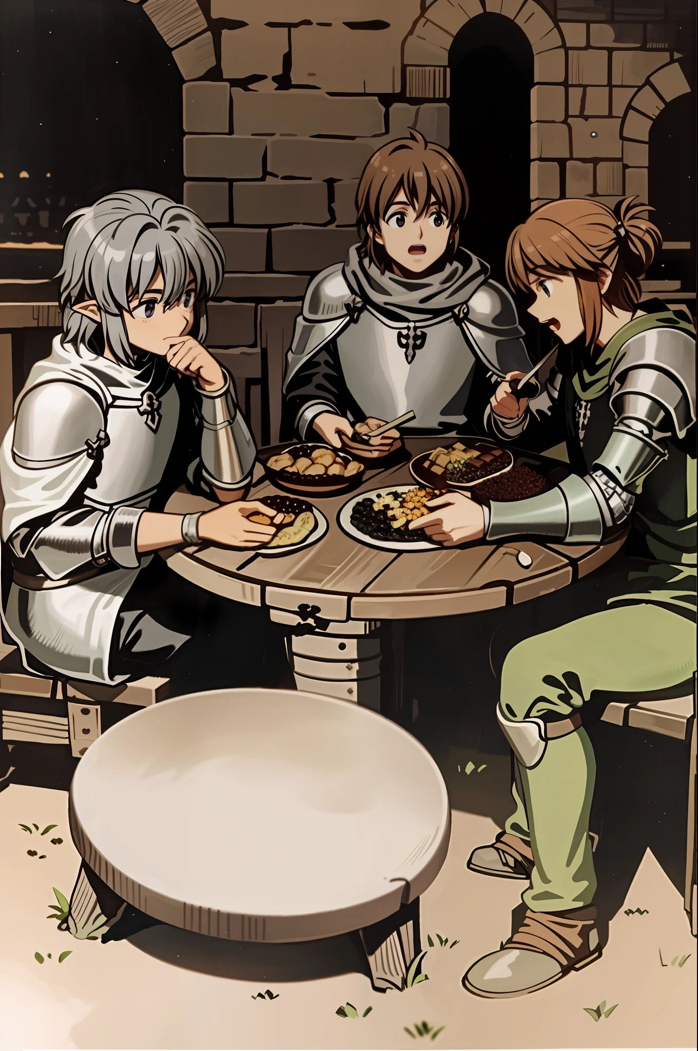 A group of Dungeons and Dragons adventurers eating in a medieval tavern