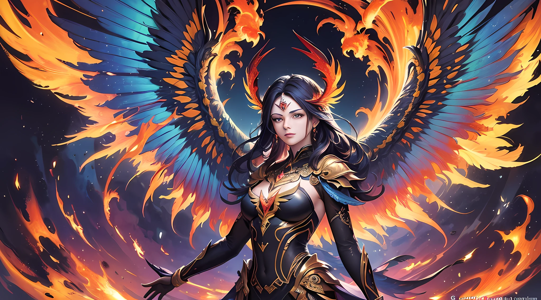 (masterpiece, top quality, best quality, official art, beautiful and aesthetic:1.2), 1 fenix woman, flame, wings, feathers, intricate details, abstract landscape, colorful,