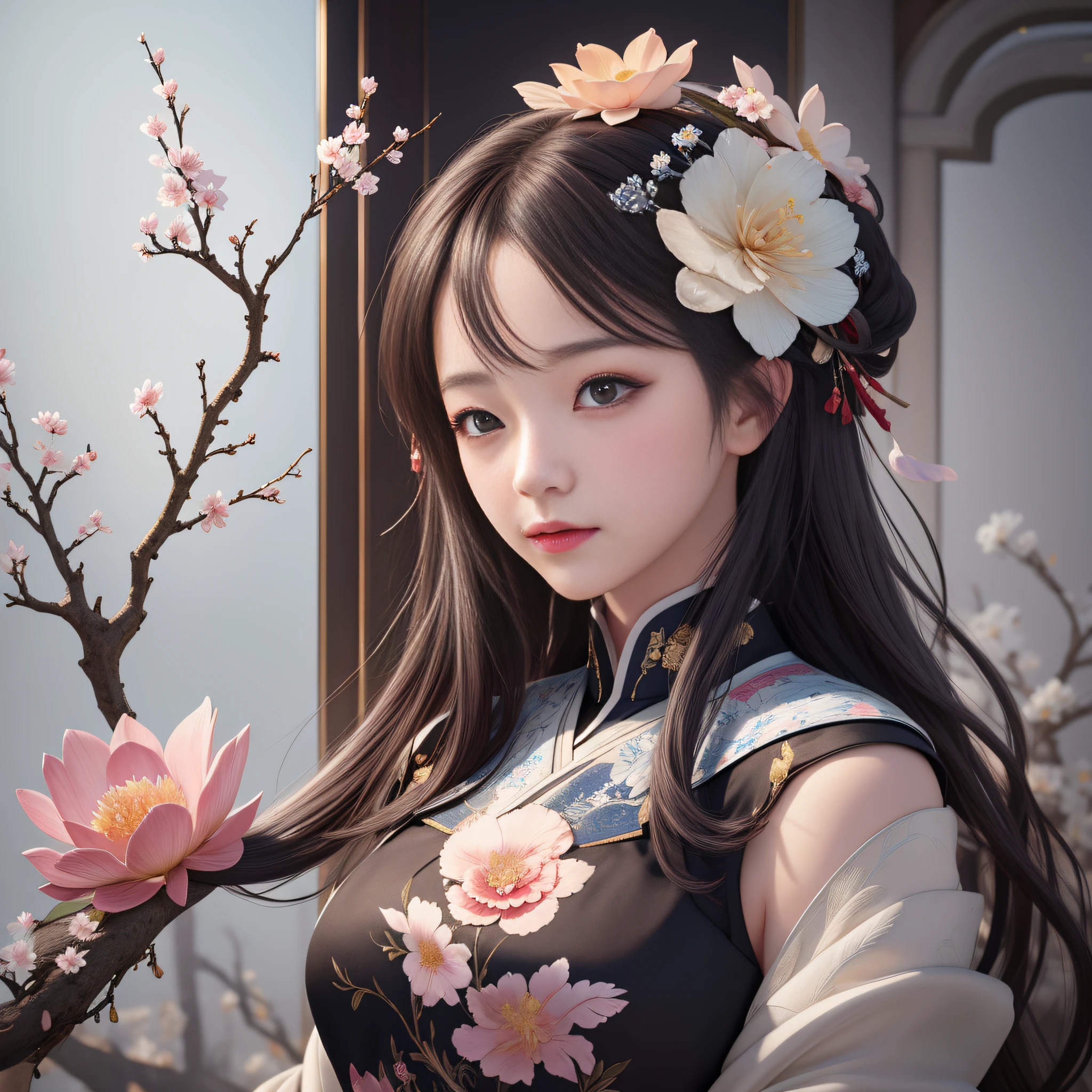 there is a woman with a flower in her hair posing for a picture, artwork in the style of guweiz, palace ， a girl in hanfu, beautiful digital artwork, trending on cgstation, ross tran 8 k, guweiz, beautiful character painting, beautiful digital illustration, a beautiful artwork illustration, chinese girl, stunning digital illustration, by Li Song --auto --s2