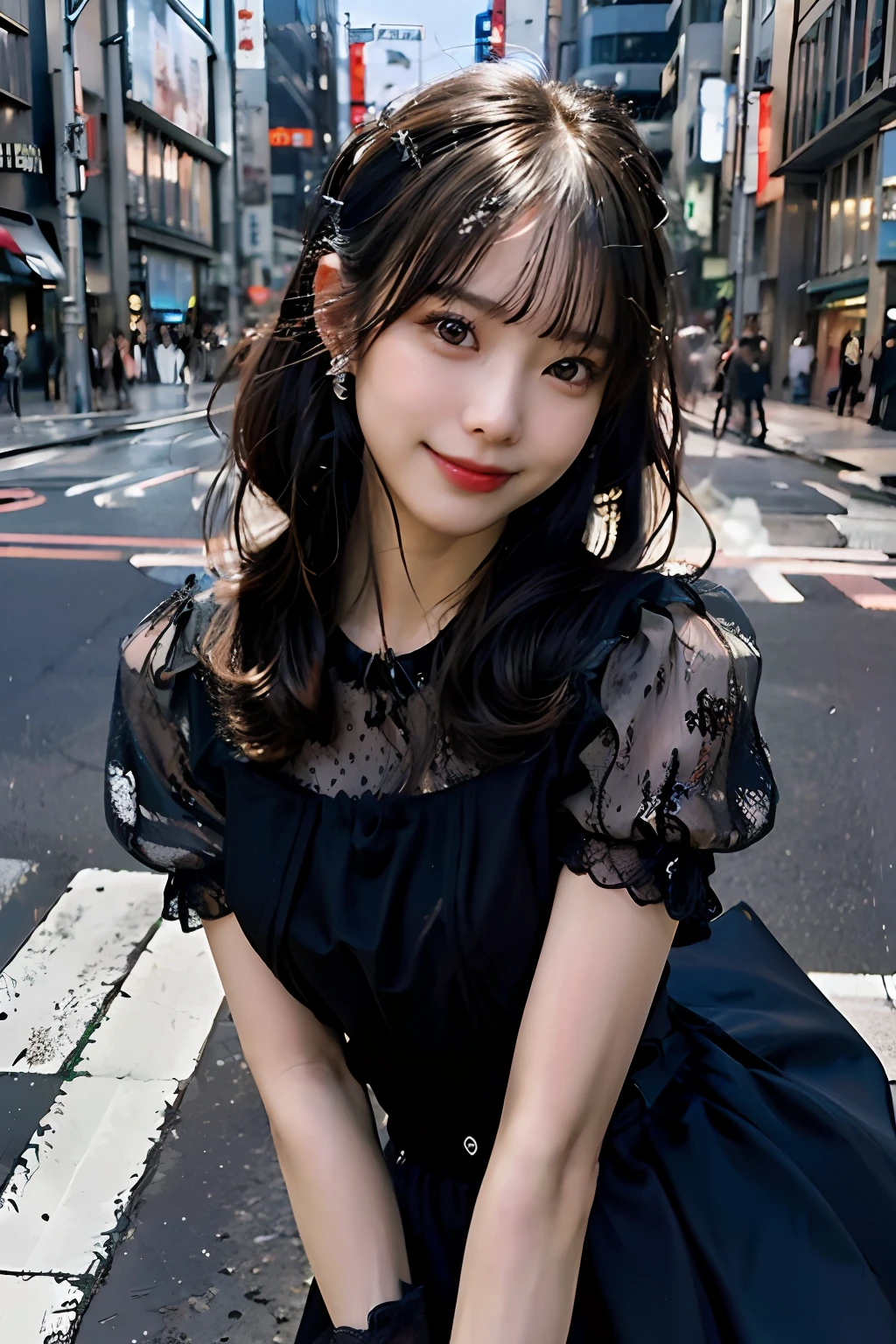 best quality, masterpiece, ultra high res, 8K, raw, (photo realistic:1.4), sharp focus, 1 girl, (detailed background:1.5), (tokyo street:1.3), full body, medium built, jumping, cute,18yo, evil smile, big black eyes, tiny breasts, black hair, detailed clothes