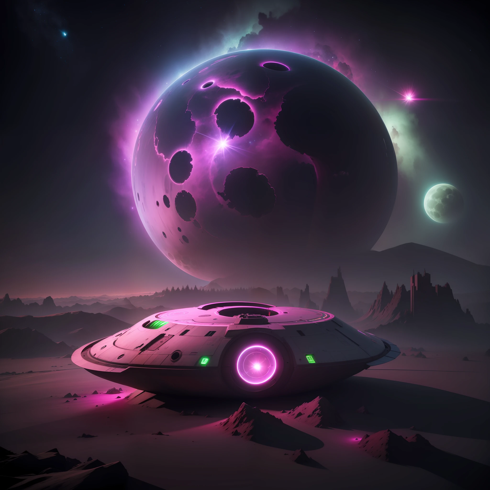 scene of a spaceship crash site, the space ship has neon green lights, pink hearts floating in the sky, lunar eclipse in the sky