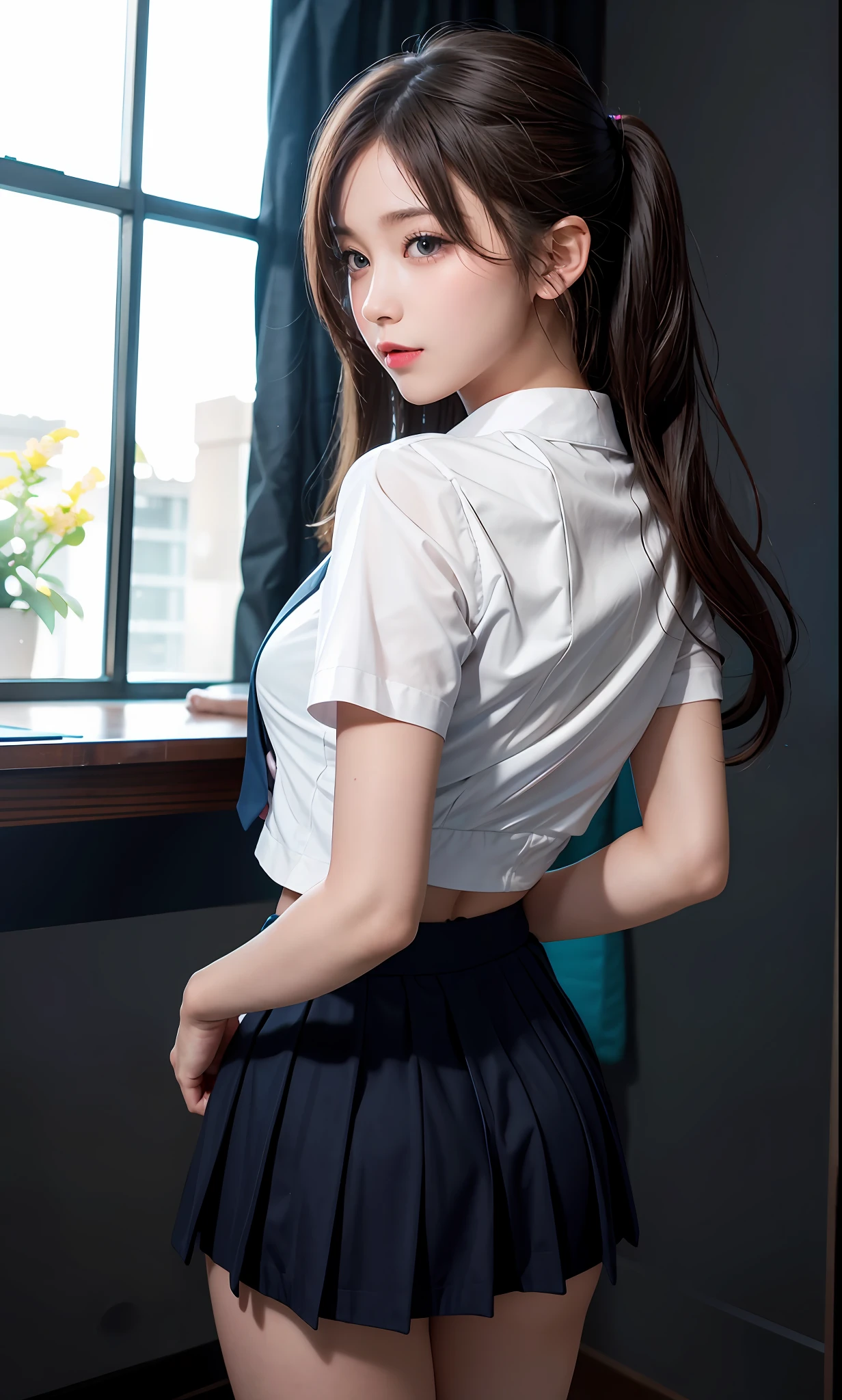 majicMIX Real, (Raw photo: 1.2), (Photorealistic: 1.4), Big, Back view, blonde, beautiful detailed eyes, show off panties, show off panties, huge file size, super detailed, high resolution, very detailed, top quality, masterpiece, illustration, very detailed, CG, unification, 8k wallpaper, movie lighting, 18 year old girl 1, Cute schoolgirl wearing Japan girls' high school uniform,  pose, blue pleated skirt, lighting from above,  shot, blazer, pink Y-shirt,