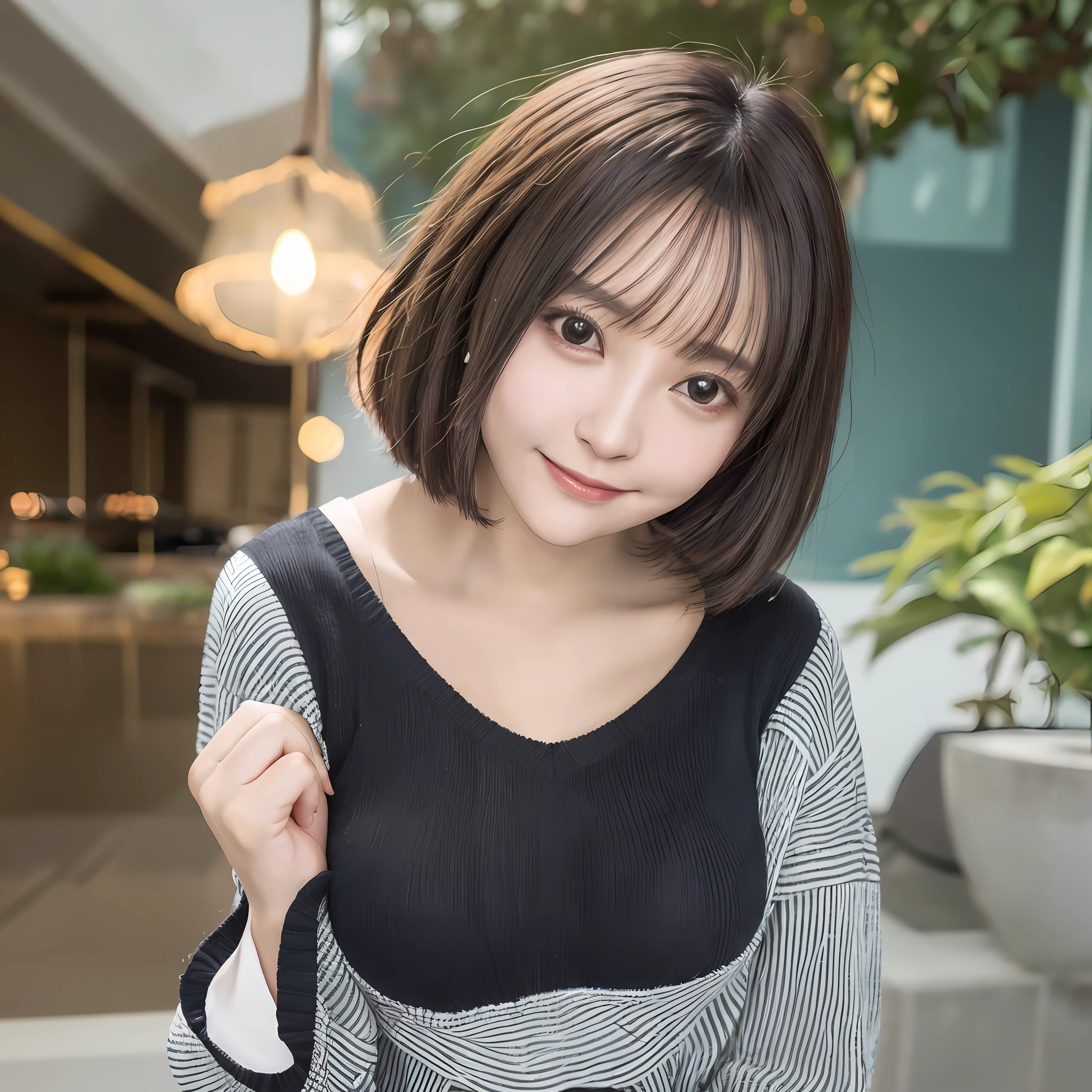 Best image quality, best quality, Japan woman, black hair, short bob, glossy lips, resort, sheer V-neck summer sweater, chest enhancement, cute smile, looking at camera