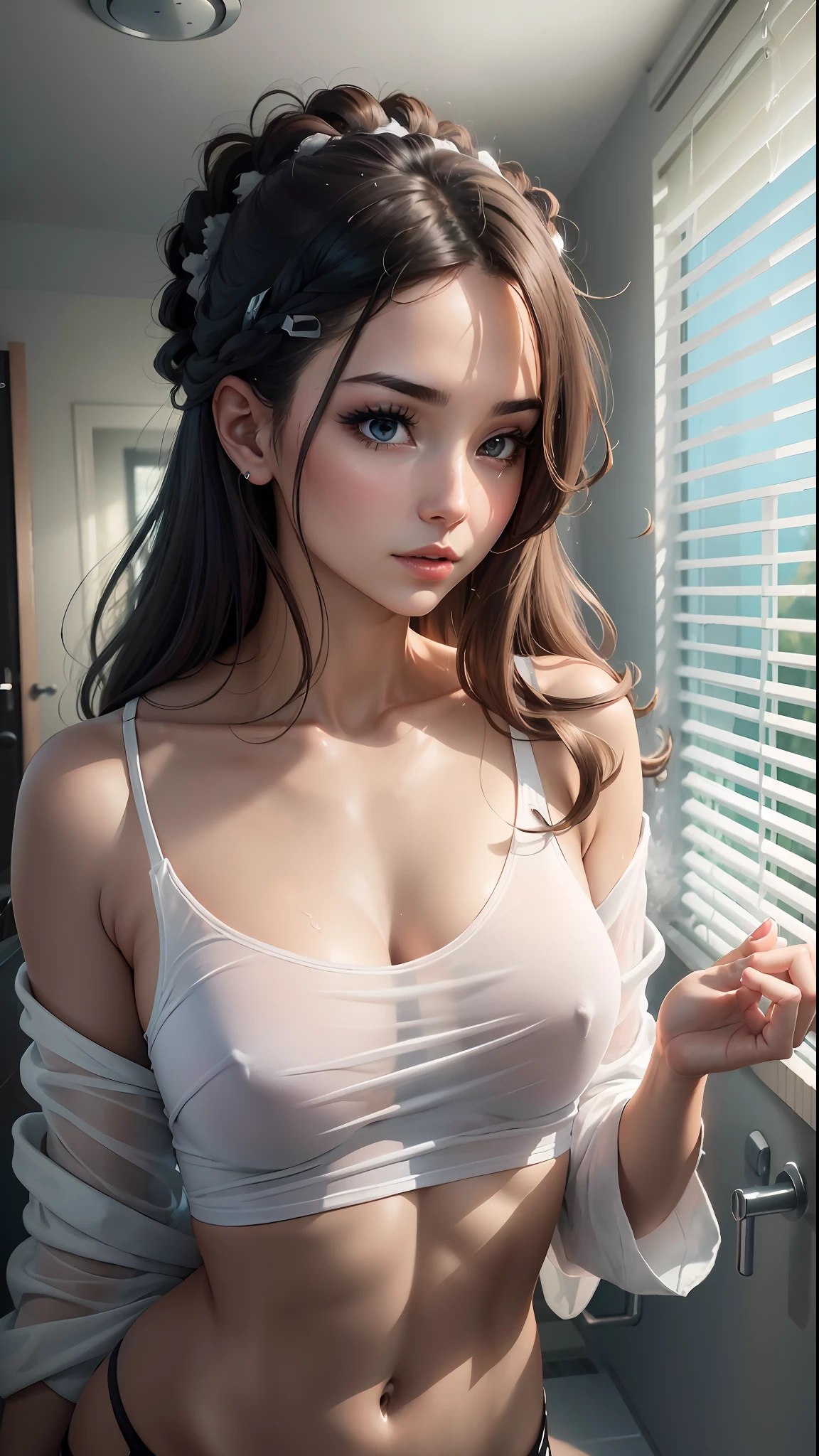 A beautiful woman in a thin white shirt is bathing in the bathroom, and her body can be clearly seen through the clothes.