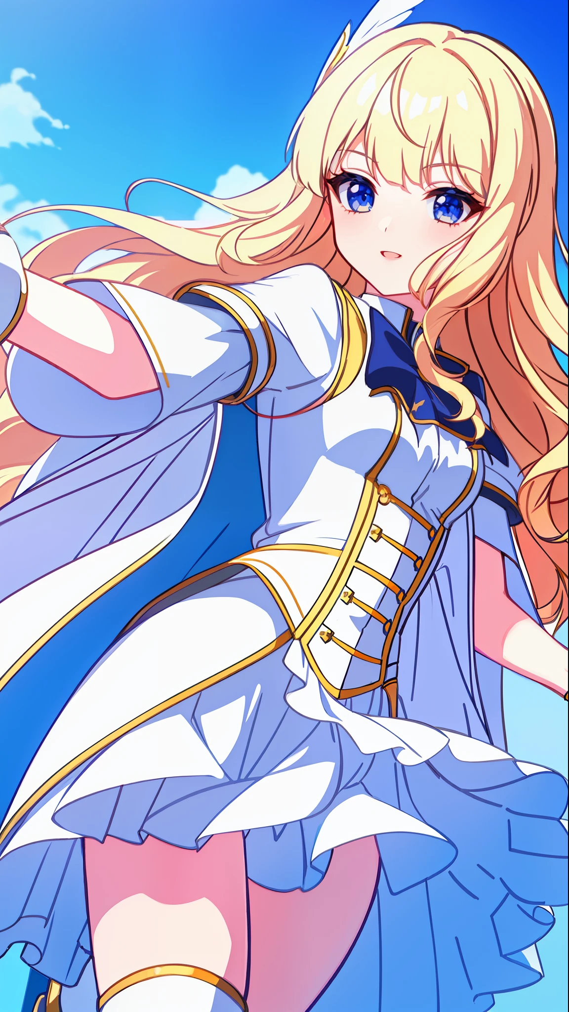 18 years old beautiful girl, masterpiece, top quality, 8K anime, 1 girl, detailed fingers, precise fingers, not unnatural hands, illustration, golden long hair, feather hair ornament, white cloak, white mini skirt with ruffles, white knee socks, white gloves, SAREN,