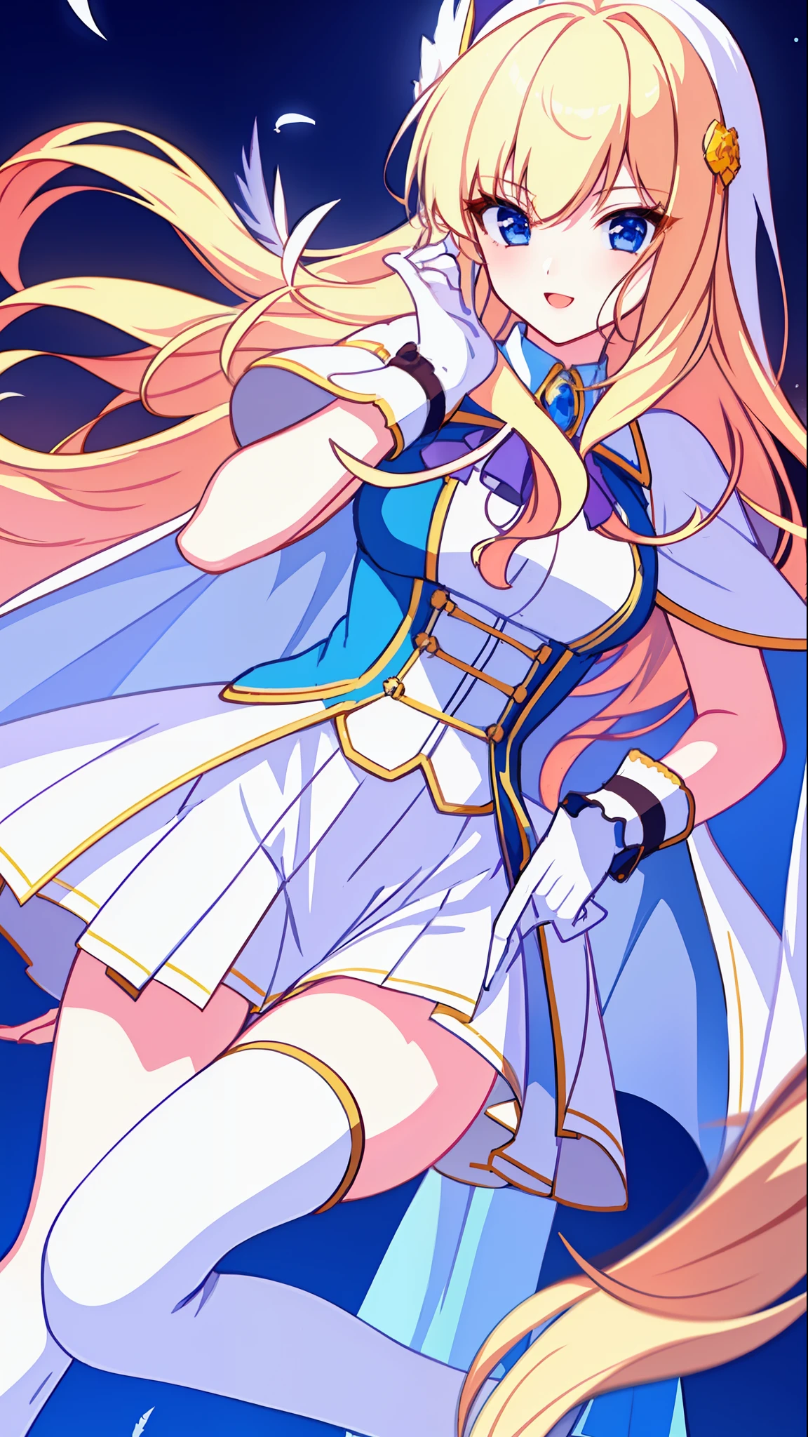 18 years old beautiful girl, masterpiece, top quality, 8K anime, 1 girl, detailed fingers, precise fingers, not unnatural hands, illustration, golden long hair, feather hair ornament, white cloak, white mini skirt with ruffles, white knee socks, white gloves, SAREN,