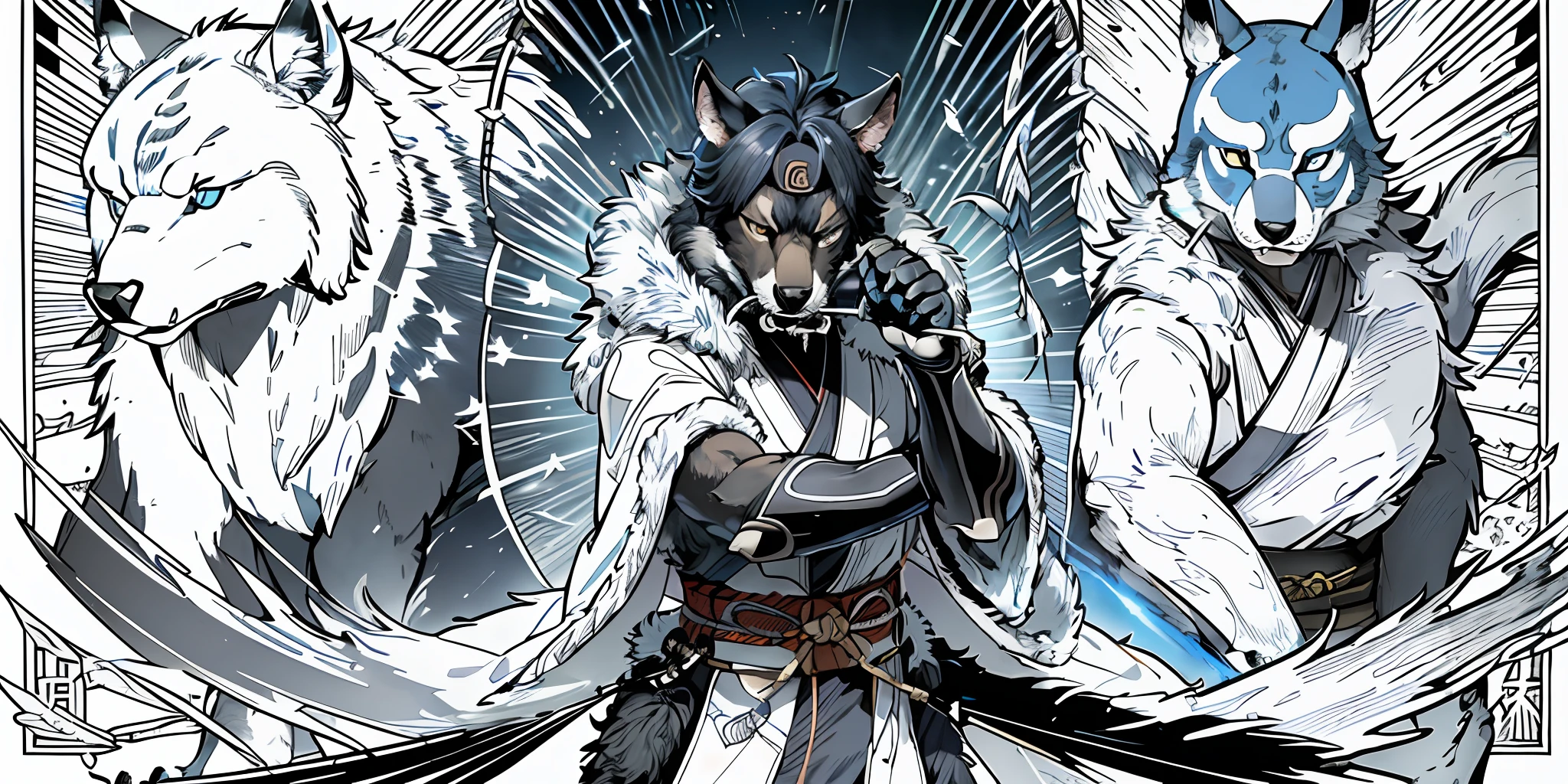 Top quality ultra-fine illustrations, movie posters, Zatoichi, Blind Swordsman (bamboo forest, dark night with beautiful full moon, rays of light through bamboo, backlighting, Tyndall phenomenon) (beautiful face and eyes, down to the details) Absurd perfect anatomy ((Beastman))) (furry, pairs, boy with girls on his back, Japan kimono, ninja, sword with blue flames, battle duels, concentration lines) ( Furry Antro: 1.7) ((((((Furry body, animal facial features, animal body features)))) (((((Highly detailed fur on the muzzle of the animal))))) full body, sturdy look, shouting, combat regime (dynamic pose),