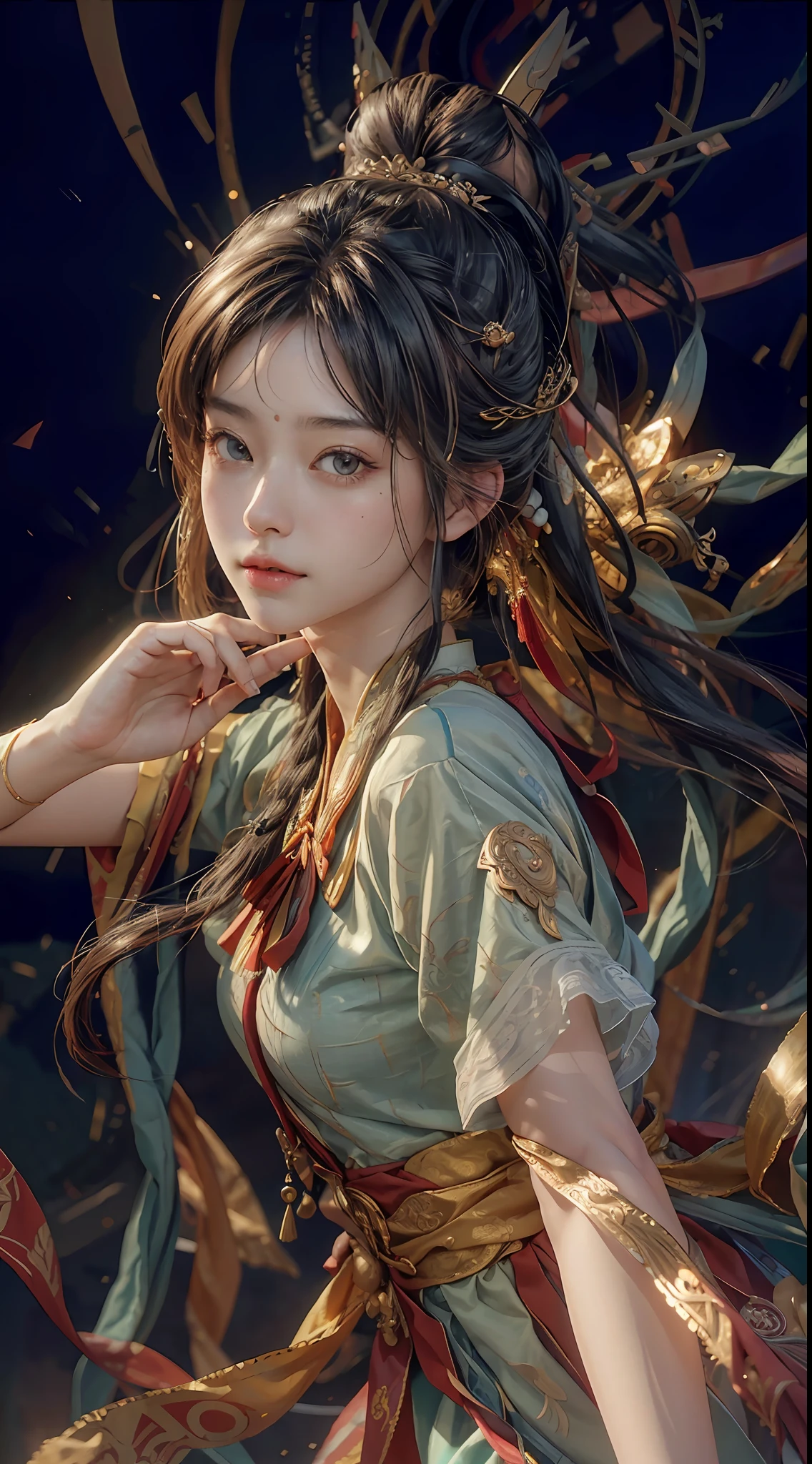 (RAW Photo, Best Quality), (Realistic, Photo Realistic: 1.3), Best Quality, Highly Detailed, Masterpiece, Ultra Detailed, Illustration, 1 Girl, upper_body, Dynamic Angle, World Mastery Theater, messy_long_hair, Best Quality, Extremely Detailed CG Unified 8k Wallpaper, Ink, Amazing, Cinematic Lighting, Beautiful Rendering of lens_flare, dunhuang_style, Tang Dynasty, (Flying Pose: 1.2)