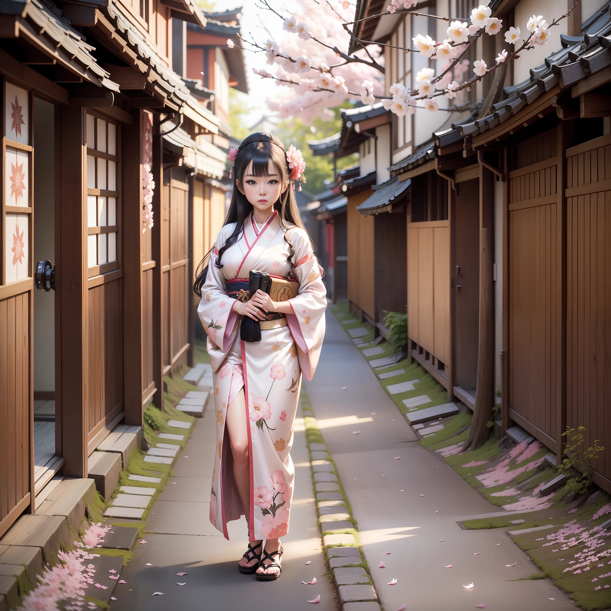 full body,full shot,sfw,beautiful russian: 2 girl in the image of geisha with big bright blue eyes and long fluffy eyelashes of Nordic type with perfect graceful figure and very long and fluffy wavy wheat-colored hair stands full-length on the alley on the background of blooming Japanese pink sakura wearing Japanese kimono and Japanese gate shoes, girl's kimono is lacy with intricate patterns, Little bosom with bulges shines through, the ground where the girl is standing is strewn with sakura petals, the scene is highly artistic, high resolution, clear focus, artistic style Migjorni-V5, hyperphotorealism, perfect proportions, golden ratio, highlight, outline, sunlight, soft glow, soft focus, photography style Monocle.
