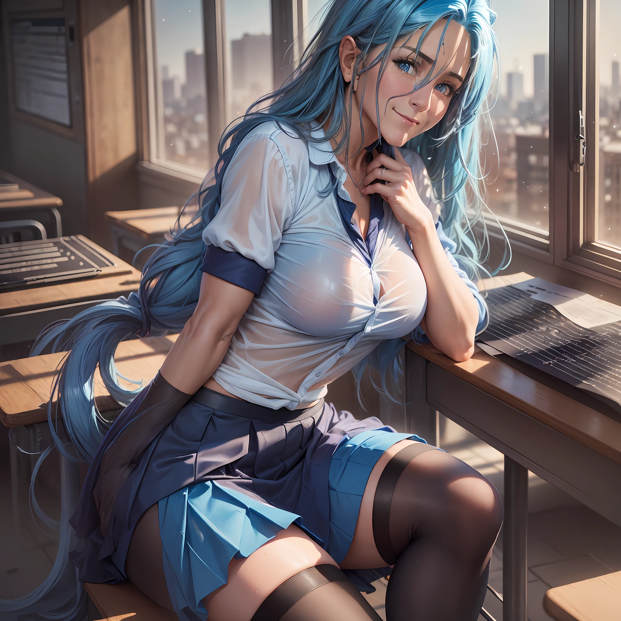 AGMM, 1girl, (Jennifer Aniston, blue hair, Colored_Skin:1.2), wearing wet see-through school uniform, large breasts, reveal, covered, skirt, thighhighs. inside building, classroom, sunbeams, bokeh, sparkles, evening, smile, sexy smile, --auto --s2