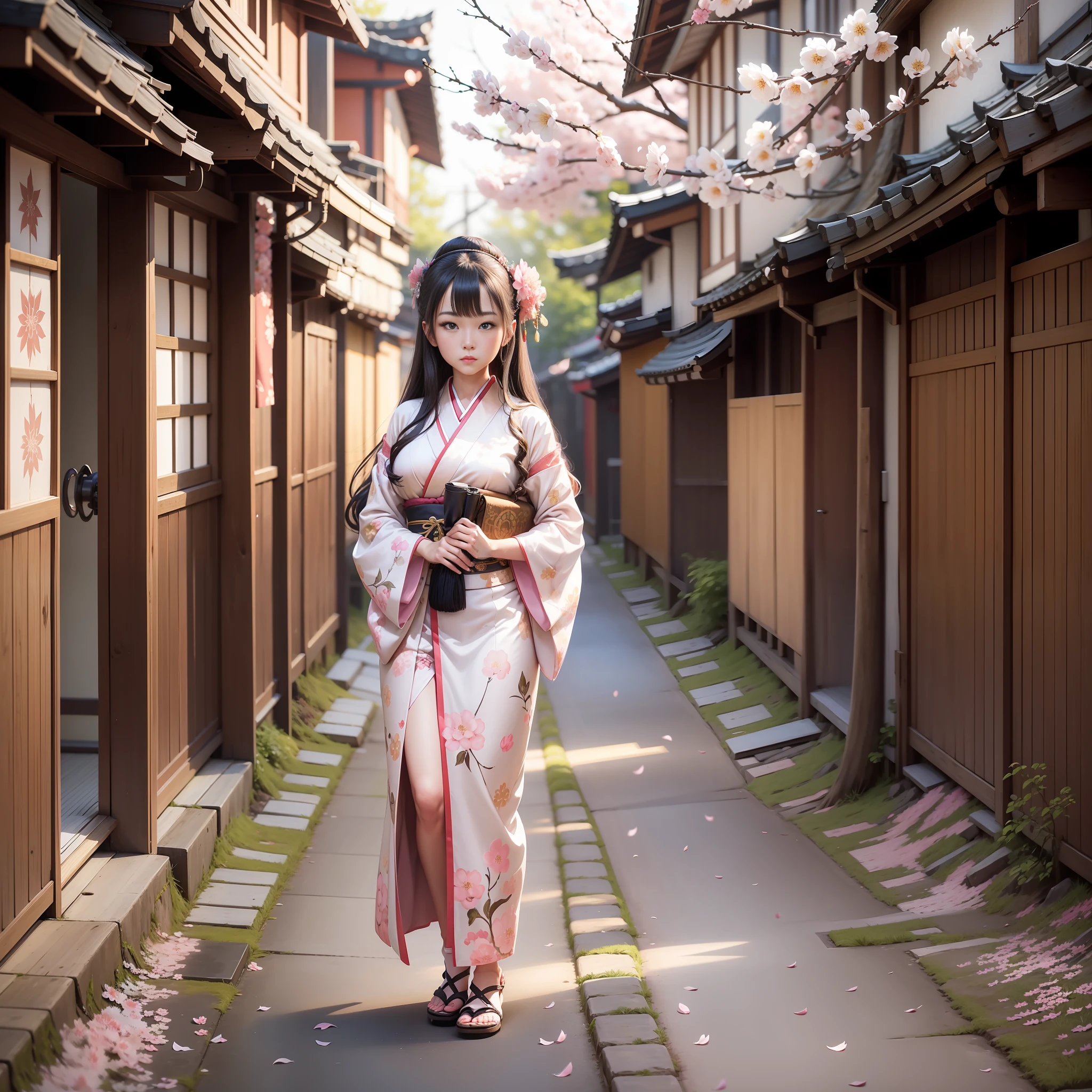 full body,full shot,sfw,beautiful russian: 2 girl in the image of geisha with big bright blue eyes and long fluffy eyelashes of Nordic type with perfect graceful figure and very long and fluffy wavy wheat-colored hair stands full-length on the alley on the background of blooming Japanese pink sakura wearing Japanese kimono and Japanese gate shoes, girl's kimono is lacy with intricate patterns, Little bosom with bulges shines through, the ground where the girl is standing is strewn with sakura petals, the scene is highly artistic, high resolution, clear focus, artistic style Migjorni-V5, hyperphotorealism, perfect proportions, golden ratio, highlight, outline, sunlight, soft glow, soft focus, photography style Monocle.