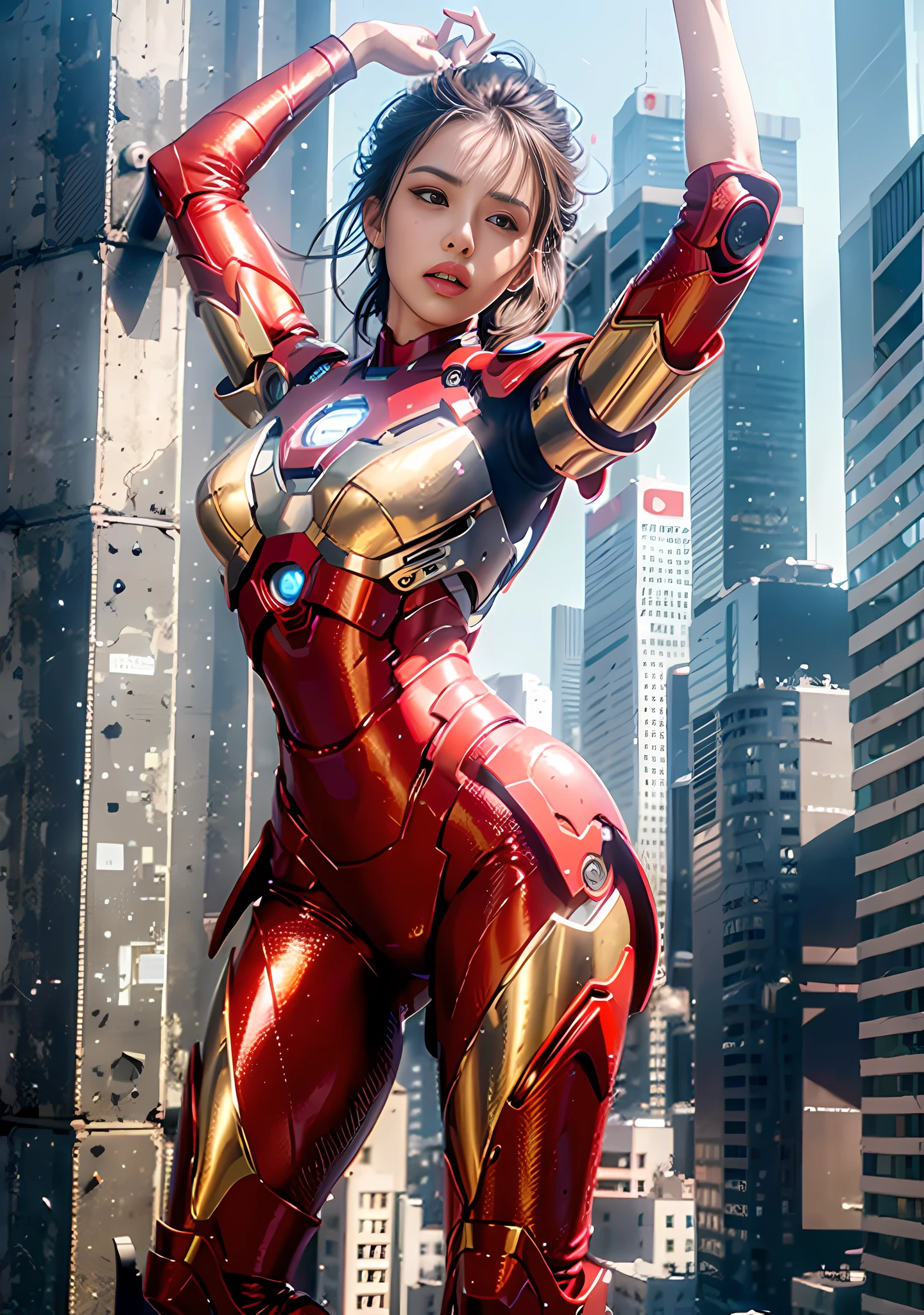 RAW, Masterpiece, Ultra Fine Photo,, Best Quality, Ultra High Resolution, Photorealistic, Sunlight, Full Body Portrait, Stunningly Beautiful,, Dynamic Poses, Delicate Face, Vibrant Eyes, (Side View) , she is wearing a futuristic Iron Man mech, red and gold color scheme, highly detailed abandoned warehouse background, detailed face, detailed and complex busy background, messy, gorgeous, milky white, high detailed skin, realistic skin details, visible pores , sharp focus, volumetric fog, 8k uhd, dslr camera, high quality, film grain, fair skin, photorealism, lomography, sprawling metropolis in futuristic dystopia, view from below, translucent