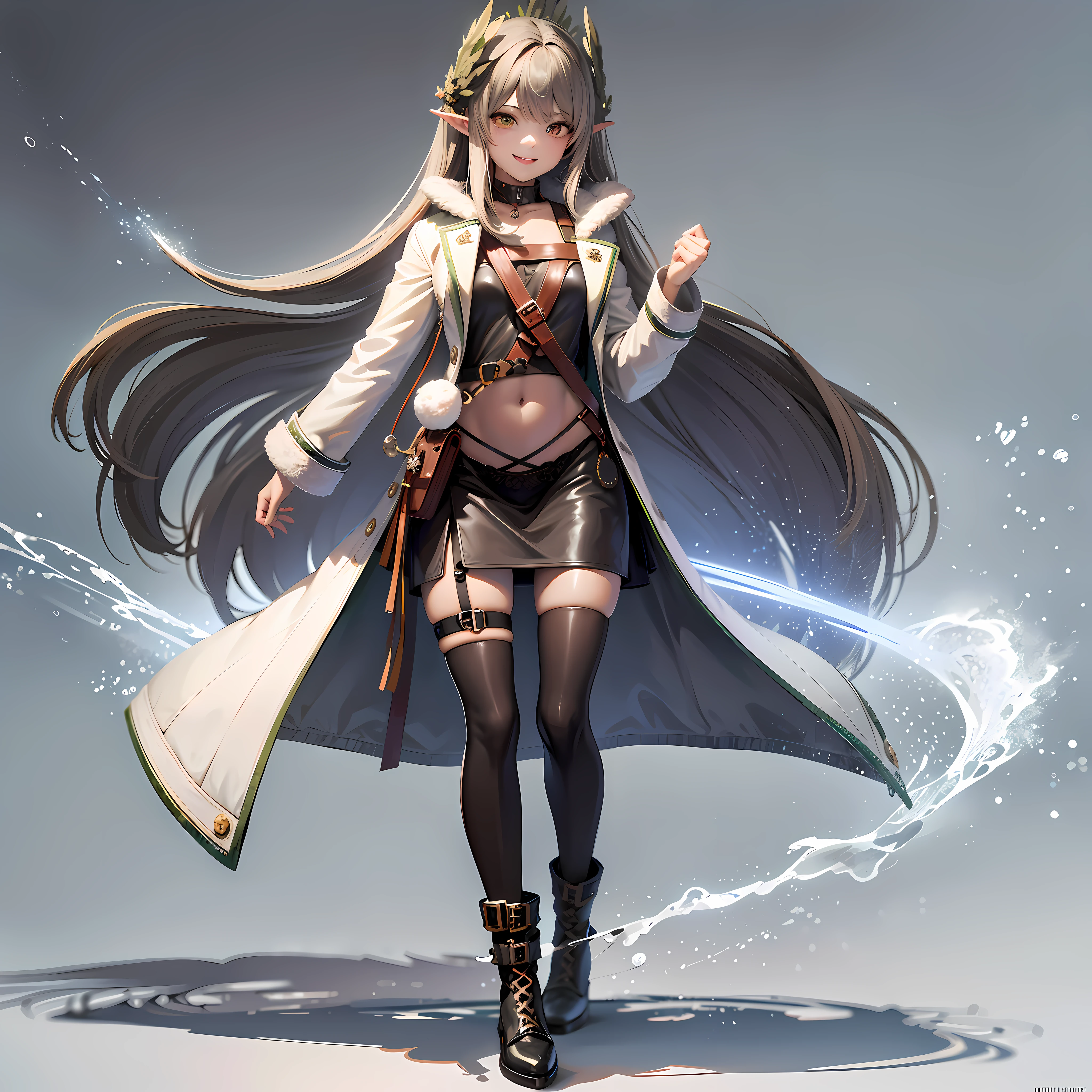 mumu, 1girl, solo, close one eye on light green background, full body, coat, skirt, long sleeves, boots, black shoes, open your clothes, open coat, black dress, look at the audience, white coat, smile, UHD, anatomically correct, super detail, high detail, high resolution, 8k