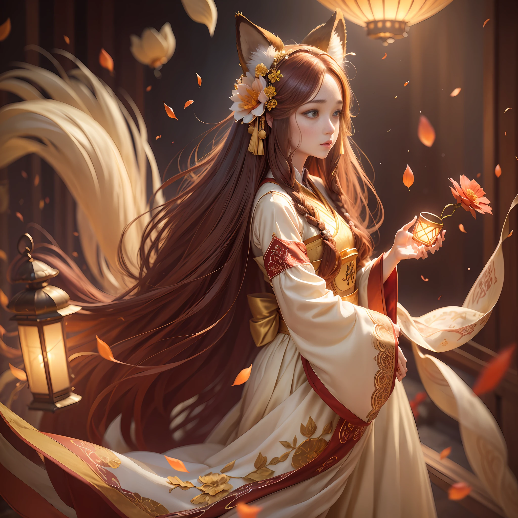 Fox Ears, Foxtail, Superb Piece, Masterpiece, High Resolution, (Exquisite Body: 1.5), Stunning Beauty, (Milky Skin: 1.3), Exquisite Details, High Resolution, Wallpaper, 1 Woman, Solo, Dress, Hair Accessories, (((Golden Red Dress)), Flower, Long Hair, Brown Hair, Shut Up, Accessories, Long Sleeves, Raised Hands, Wide Sleeves, Big Eyes, Flowing Hair, Hanfu, Hanfu, Embroidery, Long Skirt, Natural Pose, Falling Petals, Indoor, Fanning, Lantern, 16K, HDR, High Resolution, Depth of Field, (Film Grae: 1.1), Bocon, Primetime, (Lens Glow), Vignette, Rainbow, (Color Grading: 1.5) --auto --s2