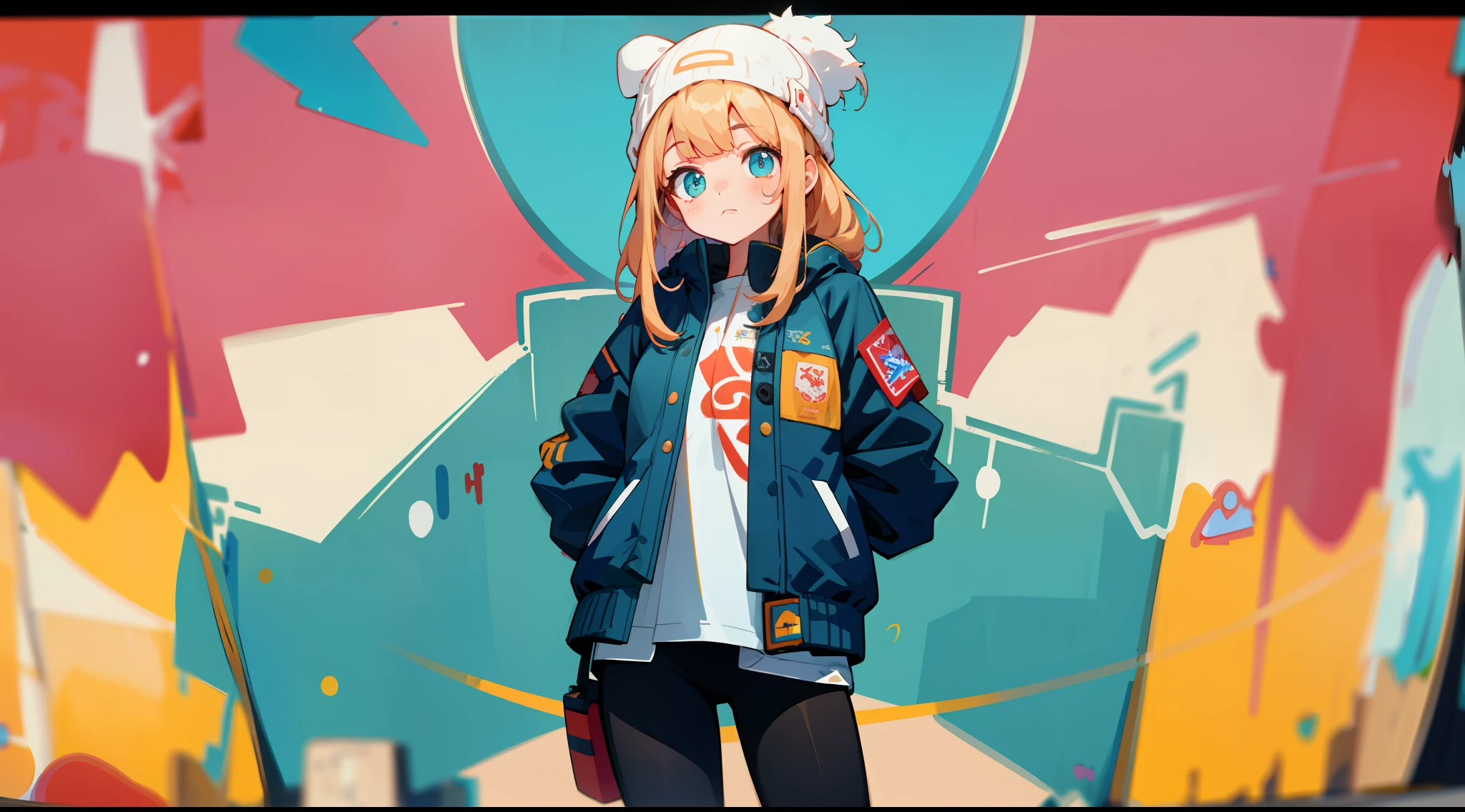 cowboy shot, upper body, long shot, panorama, wide angle lens, depth of field, perspective, cinematic angle, arms behind back, masterpiece, best quality, super detailed, CG, 8K wallpaper, pretty face, delicate eyes, a girl, solo, beanie, jacket, leggings, graffiti wall