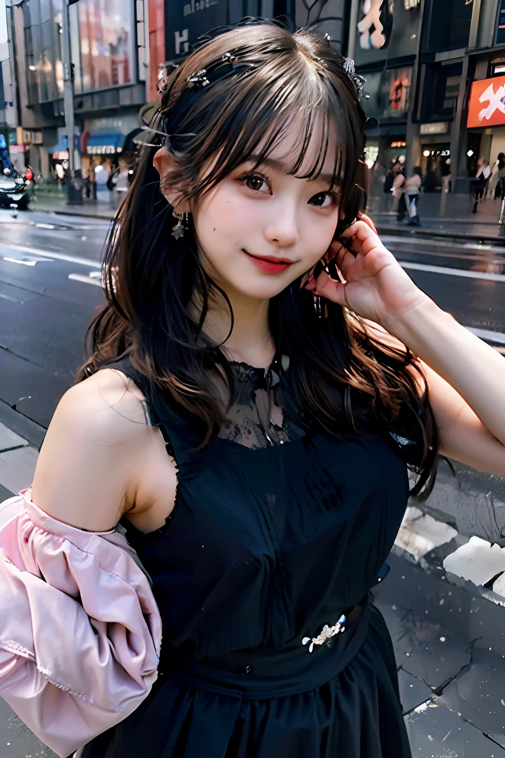best quality, masterpiece, ultra high res, 8K, raw, (photo realistic:1.4), sharp focus, 1 girl, (detailed background:1.5), (tokyo street:1.3), full body, medium built, showing armpits, cute,18yo, evil smile, big black eyes, tiny breasts, black hair, detailed clothes