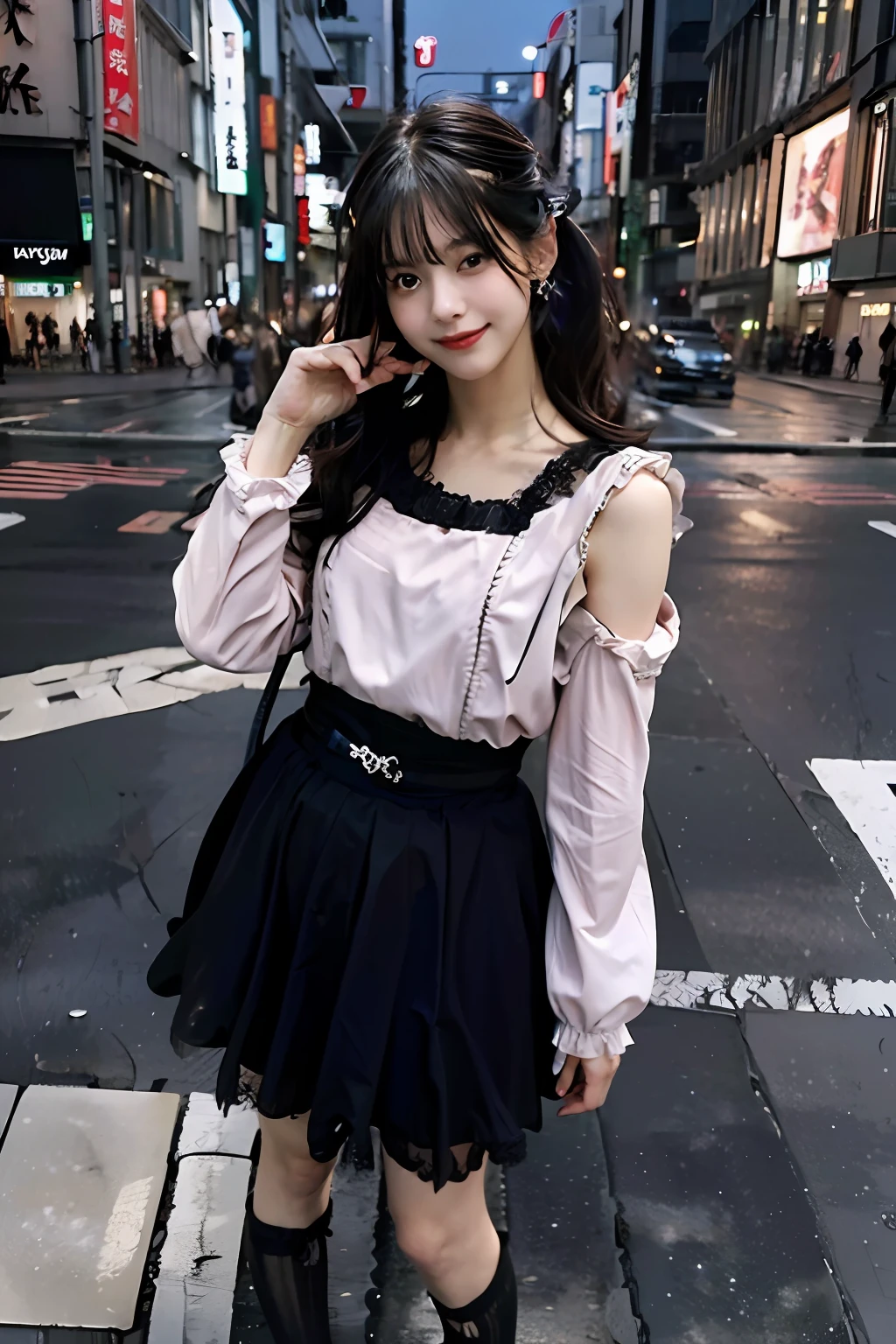 best quality, masterpiece, ultra high res, 8K, raw, (photo realistic:1.4), sharp focus, 1 girl, (detailed background:1.5), (tokyo street:1.3), full body, medium built, showing armpits, cute,18yo, evil smile, big black eyes, tiny breasts, black hair, detailed clothes