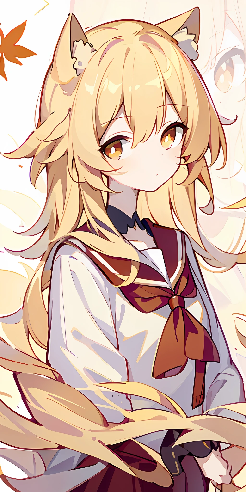 (Masterpiece, best quality), 1 long blonde girl, red sailor suit, maple leaf hairpin, blonde eyes, cat ears, upper body,