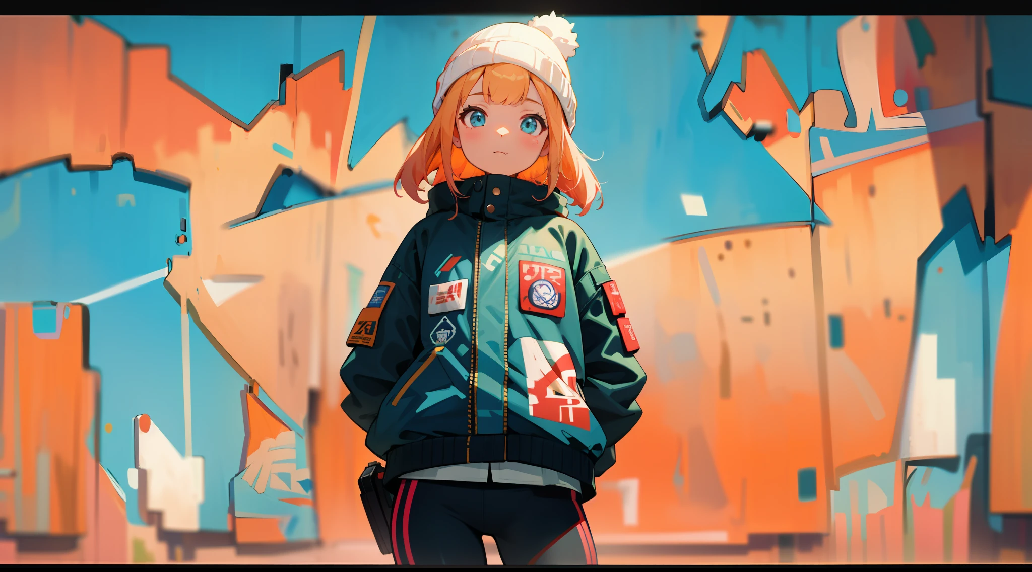 cowboy shot, upper body, long shot, panorama, wide angle lens, depth of field, perspective, cinematic angle, arms behind back, masterpiece, best quality, super detailed, CG, 8K wallpaper, pretty face, delicate eyes, a girl, solo, beanie, jacket, leggings, graffiti wall