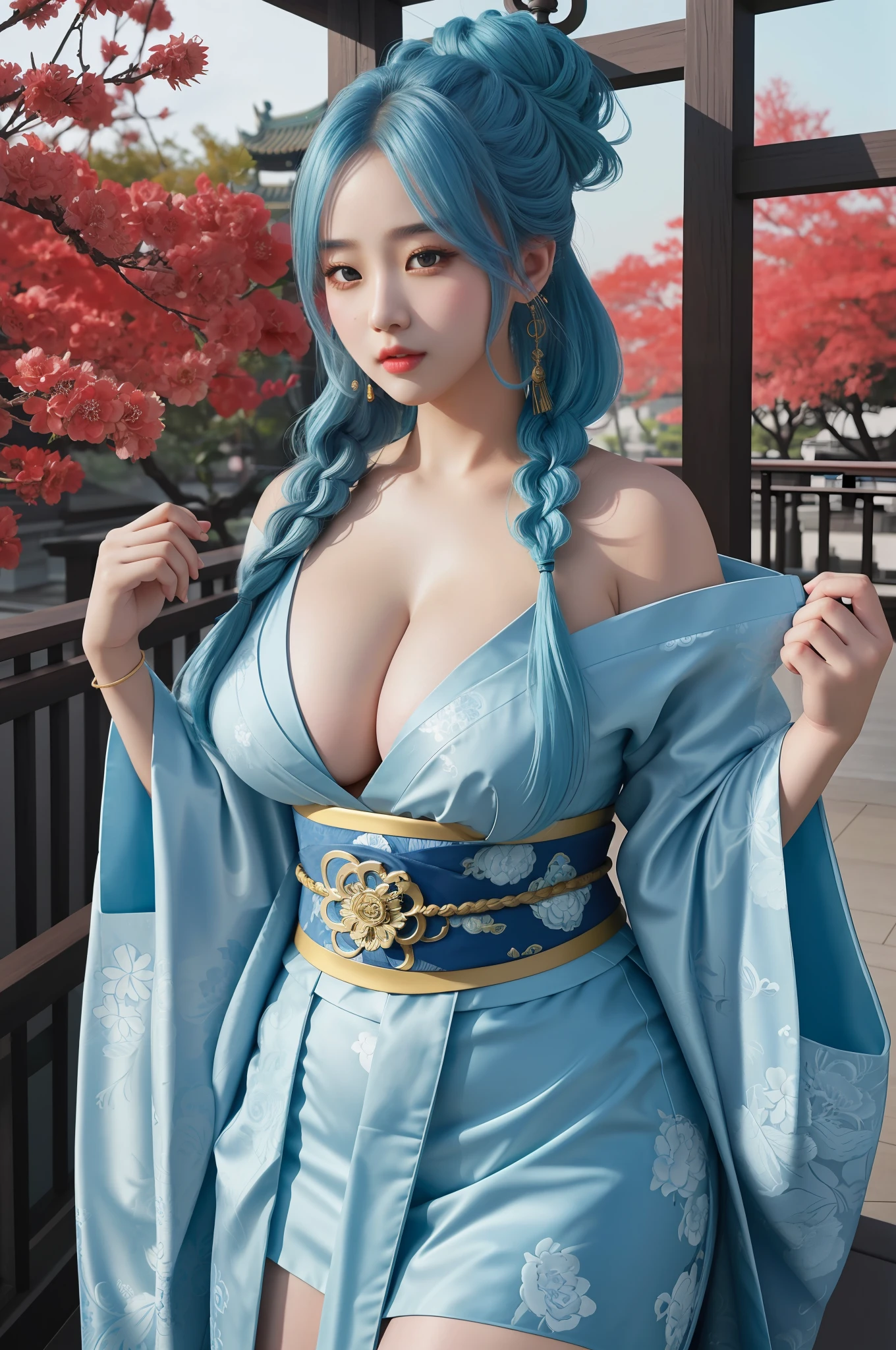 An Idol k-pop girl, cute girl, sexy girl, braid hair, light blue colored hair, intricate face details, detailed face, golden ratio face, big breast, big butt, big hip, big thighs, full body, wearing red kimono, China garden background, 64K, UHD, HDR, high quality, high detailed, hyper detailed, photo realistic, ultra realistic, art photo, clarify the details, detailed parts body, intricate artwork masterpiece, trending on artstation