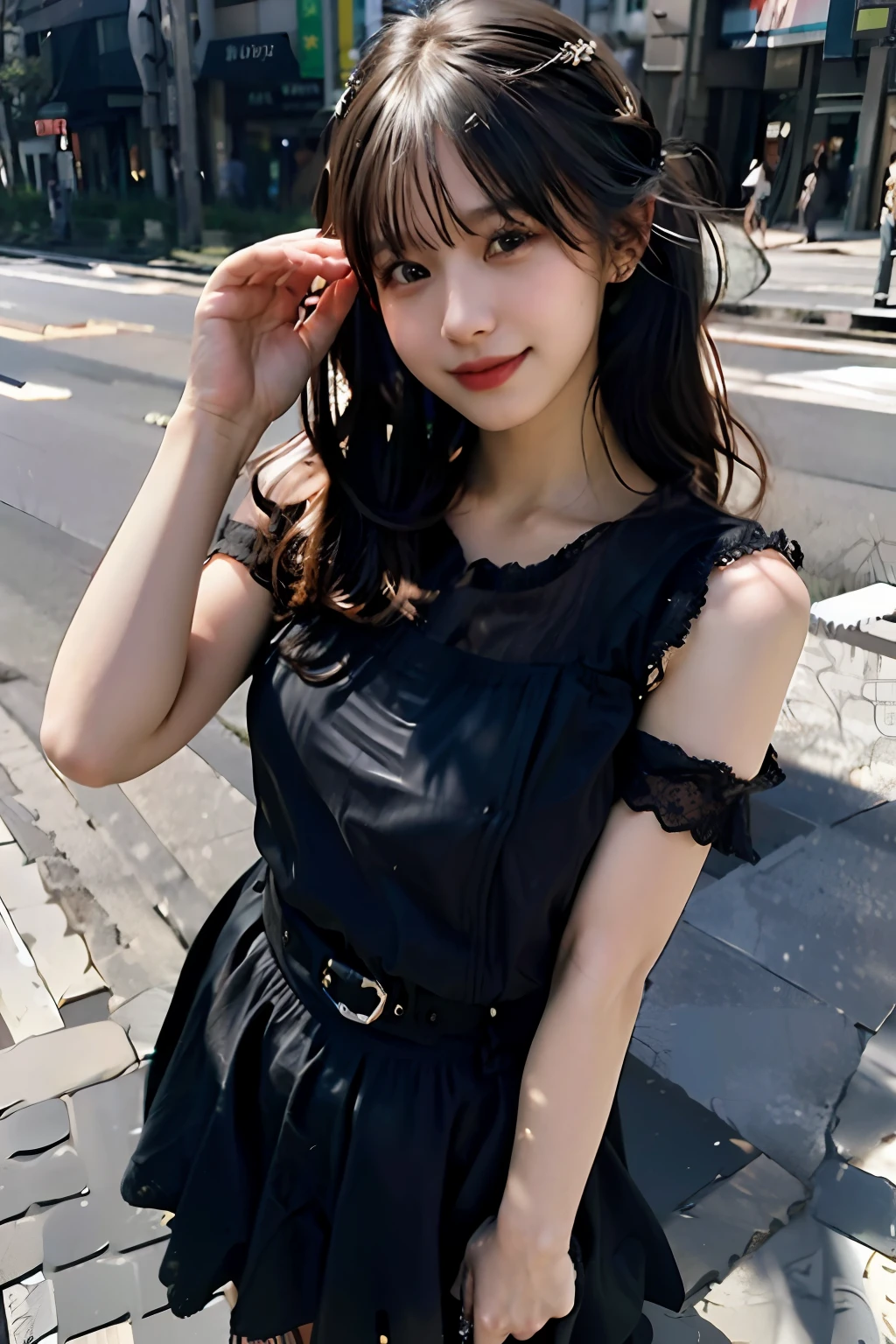 best quality, masterpiece, ultra high res, 8K, raw, (photo realistic:1.4), sharp focus, 1 girl, (detailed background:1.5), (tokyo street:1.3), full body, medium built, showing armpits, cute,18yo, evil smile, big black eyes, tiny breasts, black hair, detailed clothes