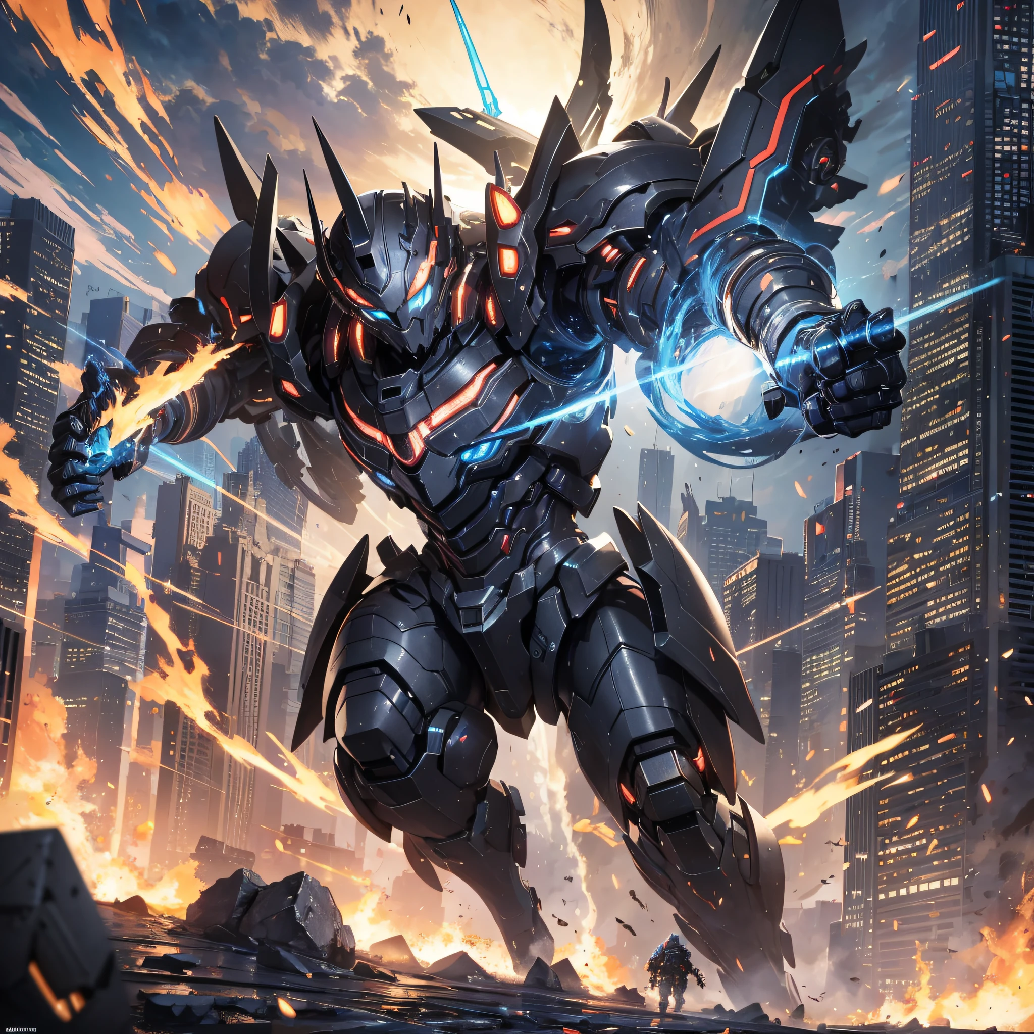 Absurd resolution, high resolution, (masterpiece: 1.4), hyper-detail, night, a mech, dark night black armor, combat, charge, fist attack, monster, attack, fire, shock