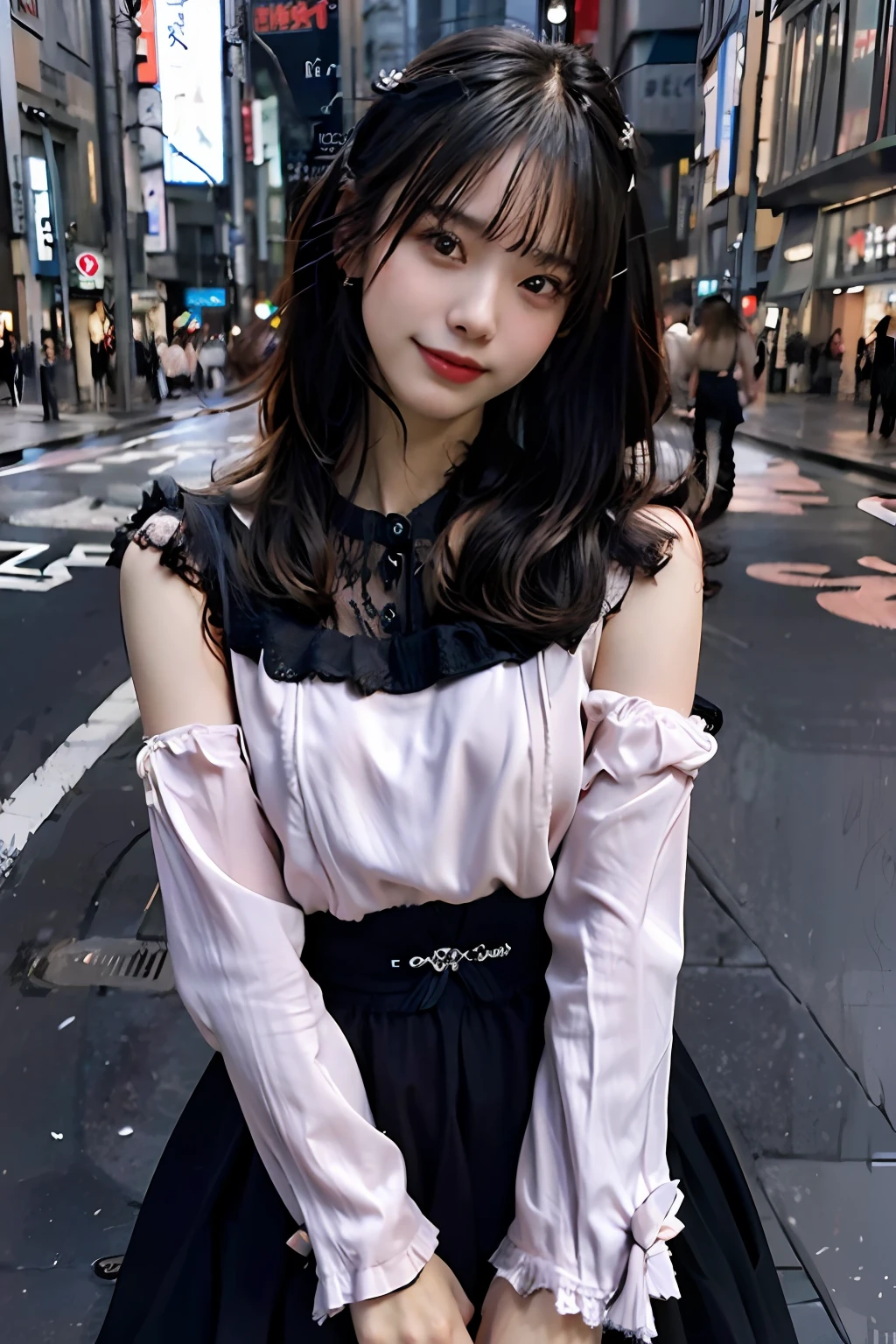 best quality, masterpiece, ultra high res, 8K, raw, (photo realistic:1.4), sharp focus, 1 girl, (detailed background:1.5), (tokyo street:1.3), full body, medium built, showing armpits, cute,18yo, evil smile, big black eyes, tiny breasts, black hair, detailed clothes