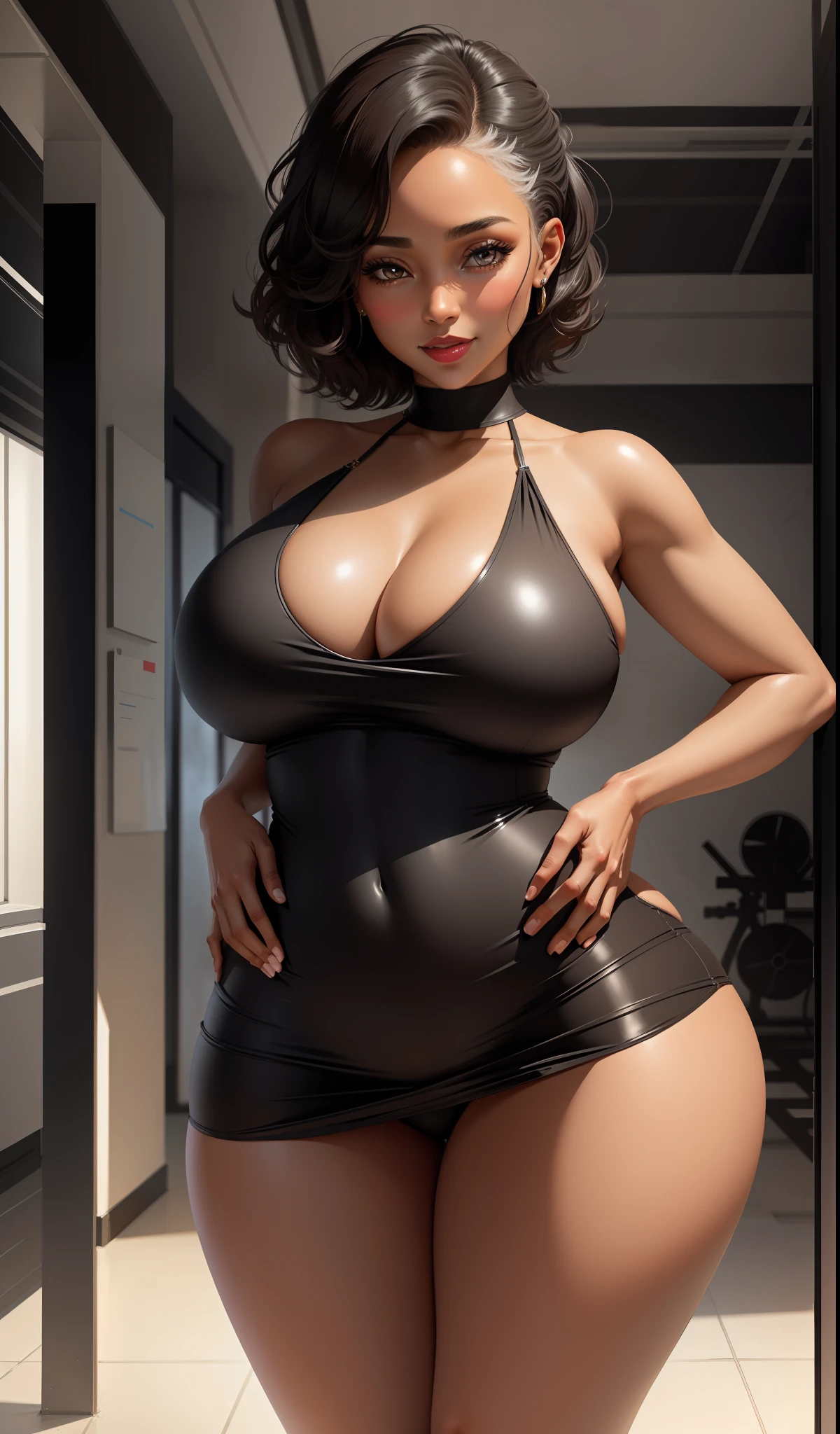 30 year old woman chocolate skin,standing,mature,MILF,looking at viewer from below,smiling,straight white short hair,brown eyes,long black dress,neckline,tight clothing,hand on hip,big ass,huge ass,round ass,fat ass,bubble butt,thick thighs,wide hips,thick legs,thick hips,big breasts,heavy bust,sexy belly, seductive look,blush,red lipstick,(best quality, masterpiece1.2), (detailed eye: 1.2),wet hair, camel pives, detailed gym background