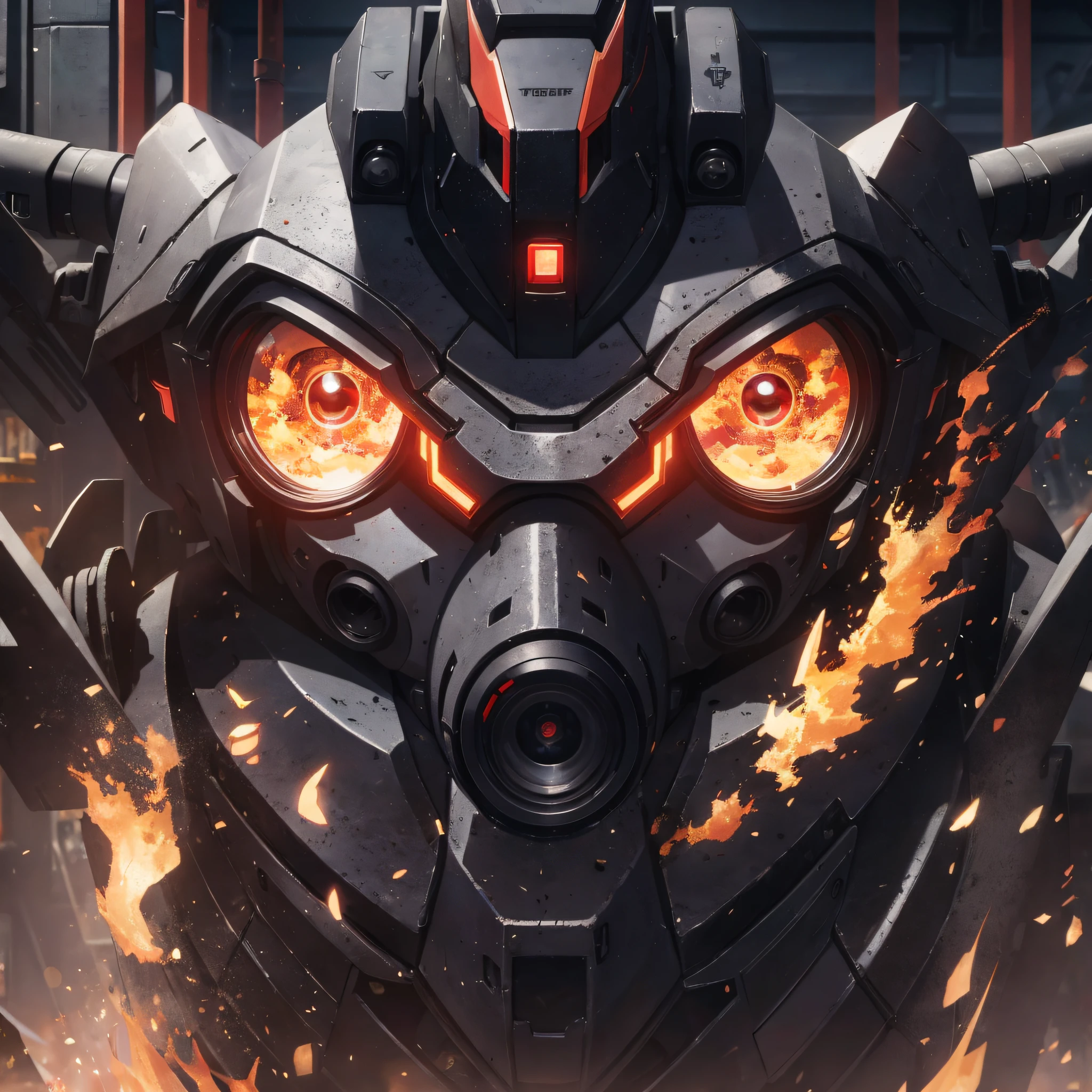 Absurd resolution, high resolution, (masterpiece: 1.4), hyper-detail, a mech, black armor, large warehouse, open eyes, red glasses, facing the lens, fire