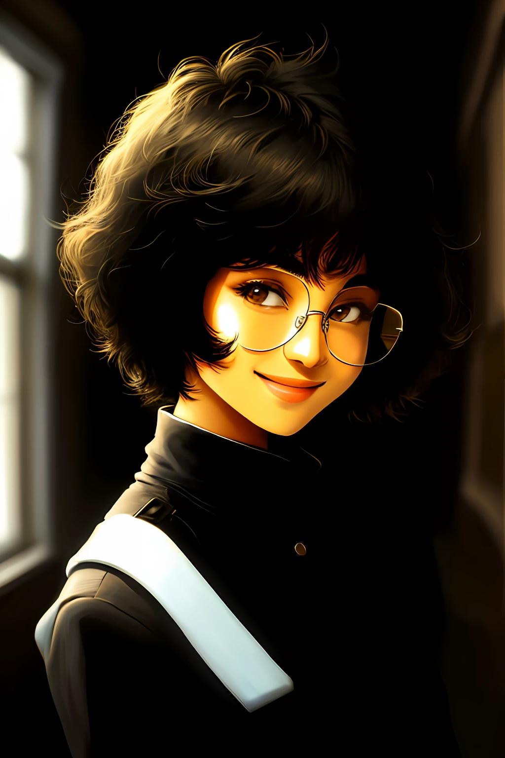 a girl with short black hair smile, with glasses