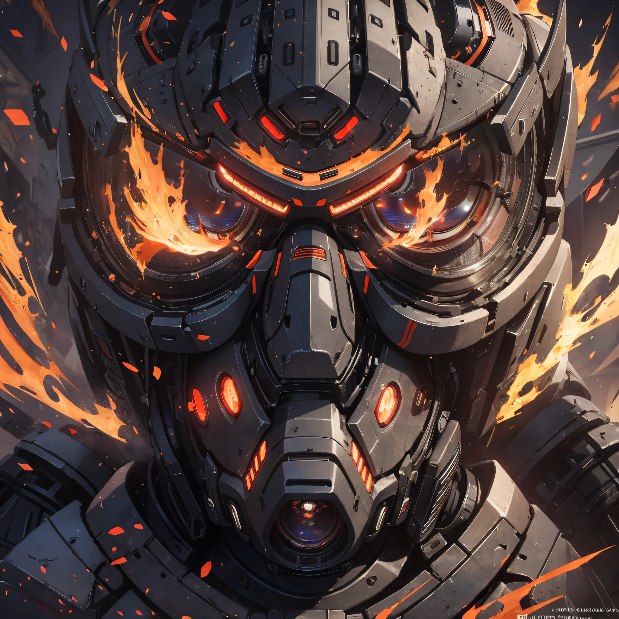 Absurd resolution, high resolution, (masterpiece: 1.4), hyper-detail, a mech, black armor, large warehouse, open eyes, red glasses, facing the lens, fire