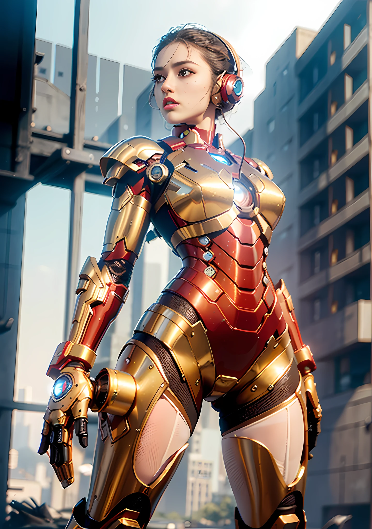 RAW, Masterpiece, Ultra Fine Photo,, Best Quality, Ultra High Resolution, Photorealistic, Sunlight, Full Body Portrait, Stunningly Beautiful,, Dynamic Poses, Delicate Face, Vibrant Eyes, (Side View) , she is wearing a futuristic Iron Man mech, red and gold color scheme, highly detailed abandoned warehouse background, detailed face, detailed and complex busy background, messy, gorgeous, milky white, high detailed skin, realistic skin details, visible pores , sharp focus, volumetric fog, 8k uhd, dslr camera, high quality, film grain, fair skin, photorealism, lomography, sprawling metropolis in futuristic dystopia, view from below, translucent