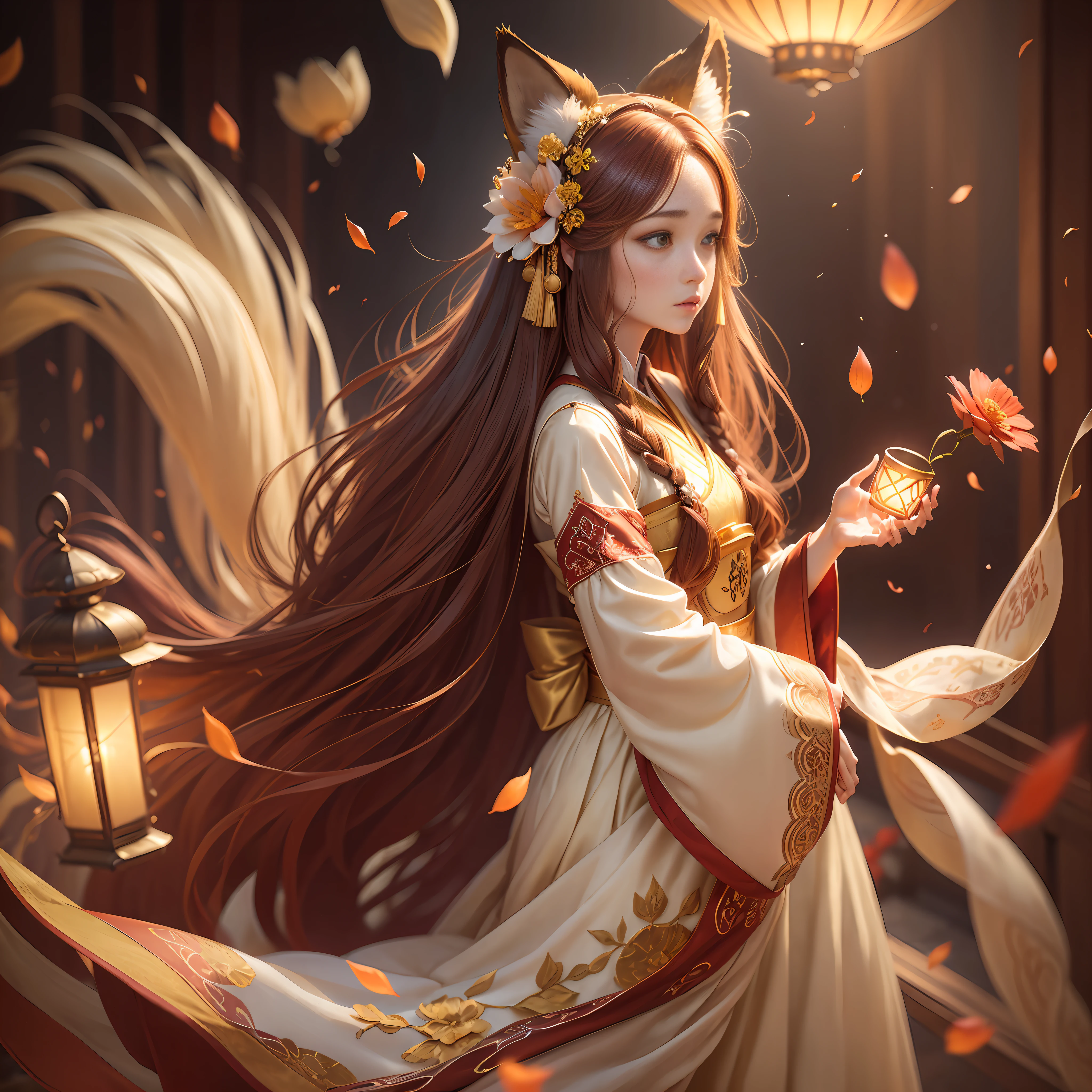 Fox Ears, Foxtail, Superb Piece, Masterpiece, High Resolution, (Exquisite Body: 1.5), Stunning Beauty, (Milky Skin: 1.3), Exquisite Details, High Resolution, Wallpaper, 1 Woman, Solo, Dress, Hair Accessories, (((Golden Red Dress)), Flower, Long Hair, Brown Hair, Shut Up, Accessories, Long Sleeves, Raised Hands, Wide Sleeves, Big Eyes, Flowing Hair, Hanfu, Hanfu, Embroidery, Long Skirt, Natural Pose, Falling Petals, Indoor, Fanning, Lantern, 16K, HDR, High Resolution, Depth of Field, (Film Grae: 1.1), Bocon, Primetime, (Lens Glow), Vignette, Rainbow, (Color Grading: 1.5) --auto --s2