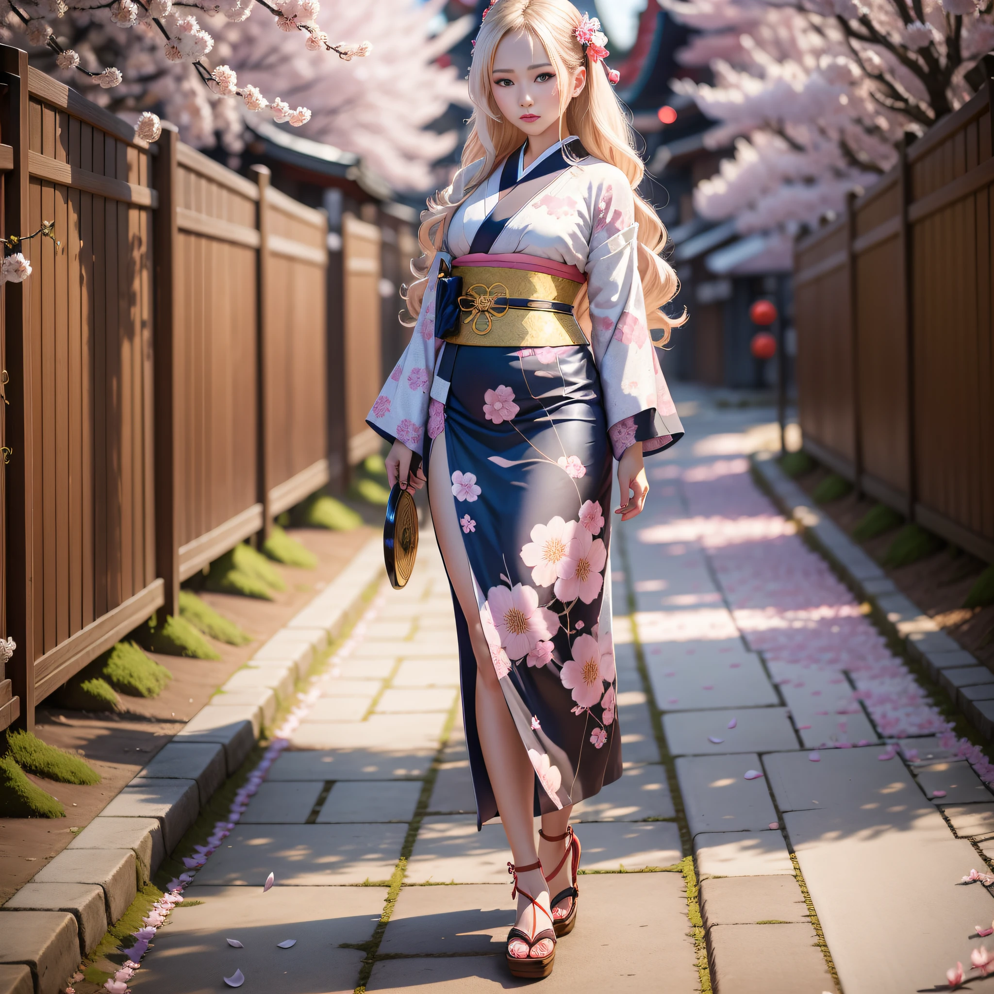 full body,full shot,sfw,beautiful russian: 2 girl in the image of geisha with big bright blue eyes and long fluffy eyelashes of Nordic type with perfect graceful figure and very long and fluffy wavy wheat-colored hair stands full-length on the alley on the background of blooming Japanese pink sakura wearing Japanese kimono and Japanese gate shoes, girl's kimono is lacy with intricate patterns, Little bosom with bulges shines through, the ground where the girl is standing is strewn with sakura petals, the scene is highly artistic, high resolution, clear focus, artistic style Migjorni-V5, hyperphotorealism, perfect proportions, golden ratio, highlight, outline, sunlight, soft glow, soft focus, photography style Monocle.