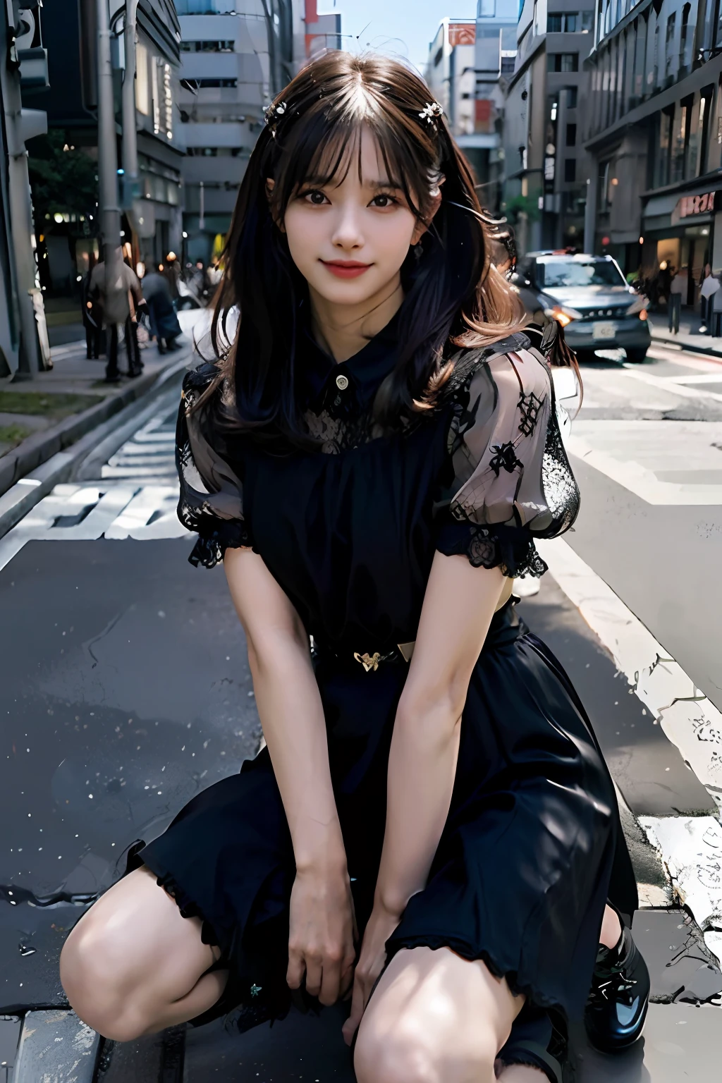 best quality, masterpiece, ultra high res, 8K, raw, (photo realistic:1.4), sharp focus, 1 girl, (detailed background:1.5), (tokyo street:1.3), full body, medium built, kneeling, cute,18yo, evil smile, big black eyes, tiny breasts, black hair, detailed clothes