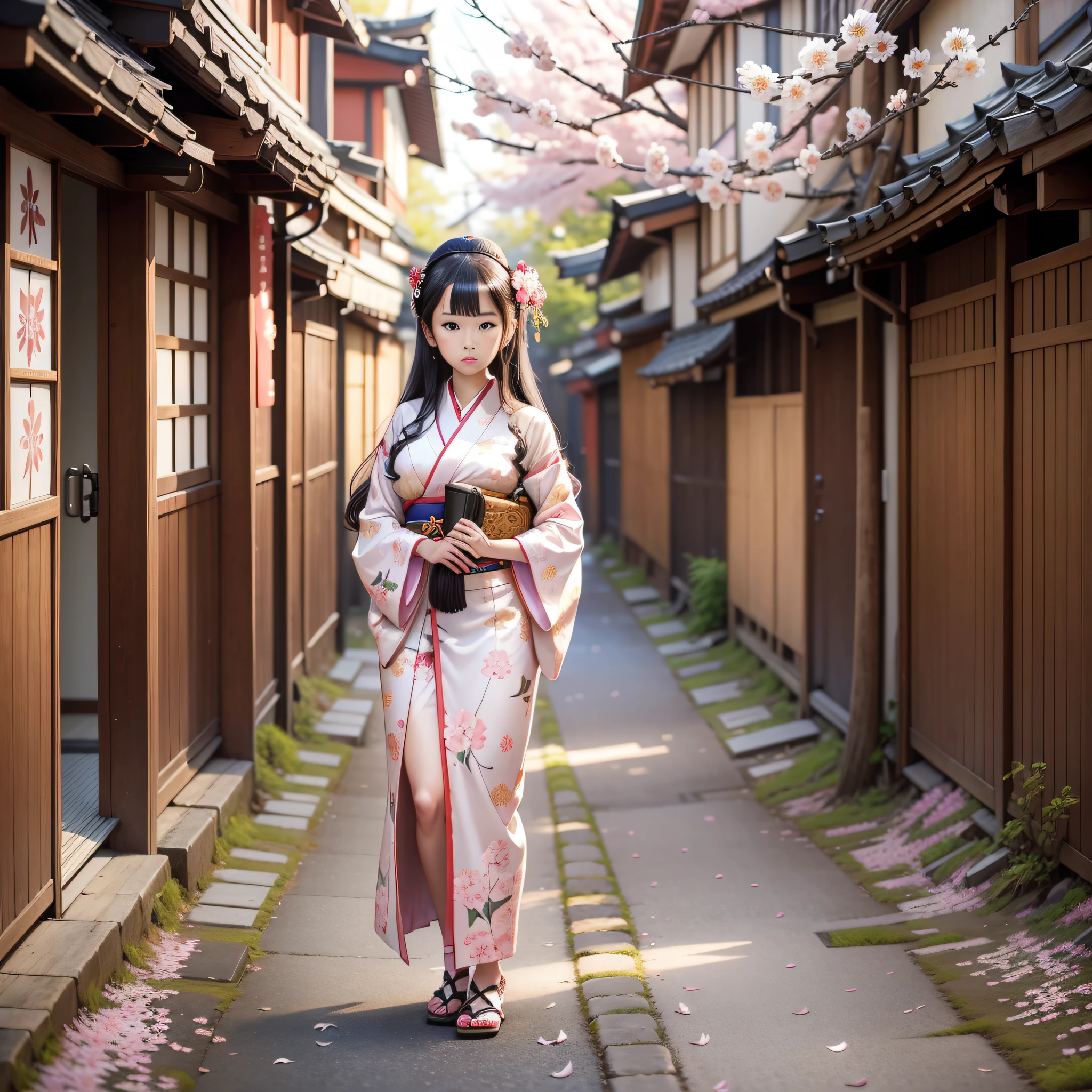 full body,full shot,sfw,beautiful russian: 2 girl in the image of geisha with big bright blue eyes and long fluffy eyelashes of Nordic type with perfect graceful figure and very long and fluffy wavy wheat-colored hair stands full-length on the alley on the background of blooming Japanese pink sakura wearing Japanese kimono and Japanese gate shoes, girl's kimono is lacy with intricate patterns, Little bosom with bulges shines through, the ground where the girl is standing is strewn with sakura petals, the scene is highly artistic, high resolution, clear focus, artistic style Migjorni-V5, hyperphotorealism, perfect proportions, golden ratio, highlight, outline, sunlight, soft glow, soft focus, photography style Monocle.