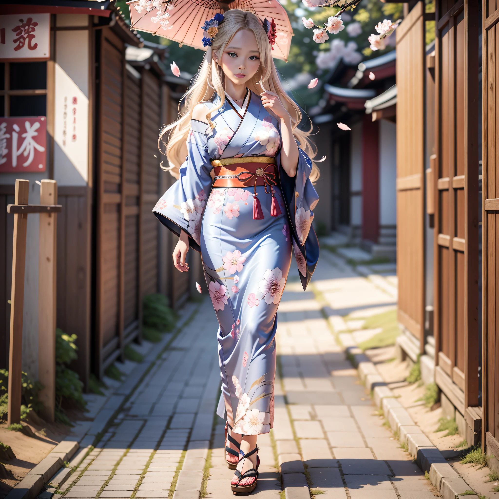 full body,full shot,sfw,beautiful russian: 2 girl in the image of geisha with big bright blue eyes and long fluffy eyelashes of Nordic type with perfect graceful figure and very long and fluffy wavy wheat-colored hair stands full-length on the alley on the background of blooming Japanese pink sakura wearing Japanese kimono and Japanese gate shoes, girl's kimono is lacy with intricate patterns, Little bosom with bulges shines through, the ground where the girl is standing is strewn with sakura petals, the scene is highly artistic, high resolution, clear focus, artistic style Migjorni-V5, hyperphotorealism, perfect proportions, golden ratio, highlight, outline, sunlight, soft glow, soft focus, photography style Monocle.