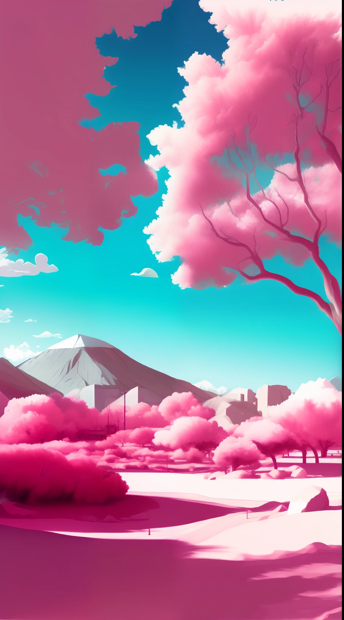 landscape, bright colors, monochromatic color palette, inequality, single point perspective painting style, neighborhood park painting style, infrared, artist Taro Kagawa, conjecture, shadow lighting, centering, timeline drawing style, polarization, game art drawing style, slow motion, desert painting style, strong painting style