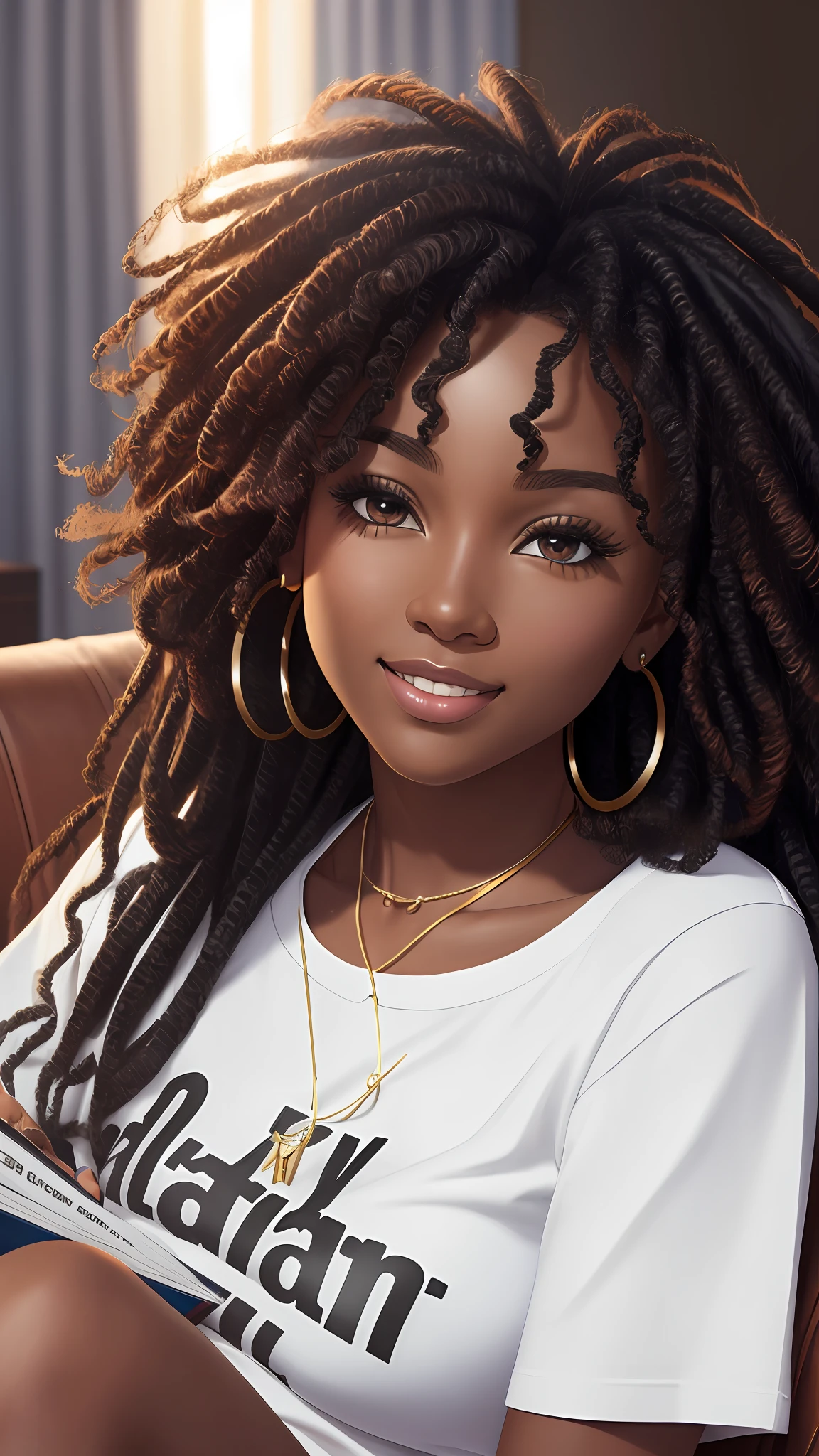 realistic portrait of a beautiful 9  African American baby girlark skin color)) writing in a notebook, ((chibi)), cute smile, ((sitting on a living room sofa)), wearing white T-shirt and jeans , current fashion , mega hair long curly hair, ((kanekalon)), (cinematic Contour lighting), close-up, product preview, detailed facial details, perfect face, sharpness, trend art, sharp facial details, cgsociety , very high quality digital artwork, exquisite hyper detail , 4k, 3D, 8k soft lighting, dreamy  fashion --auto --s2