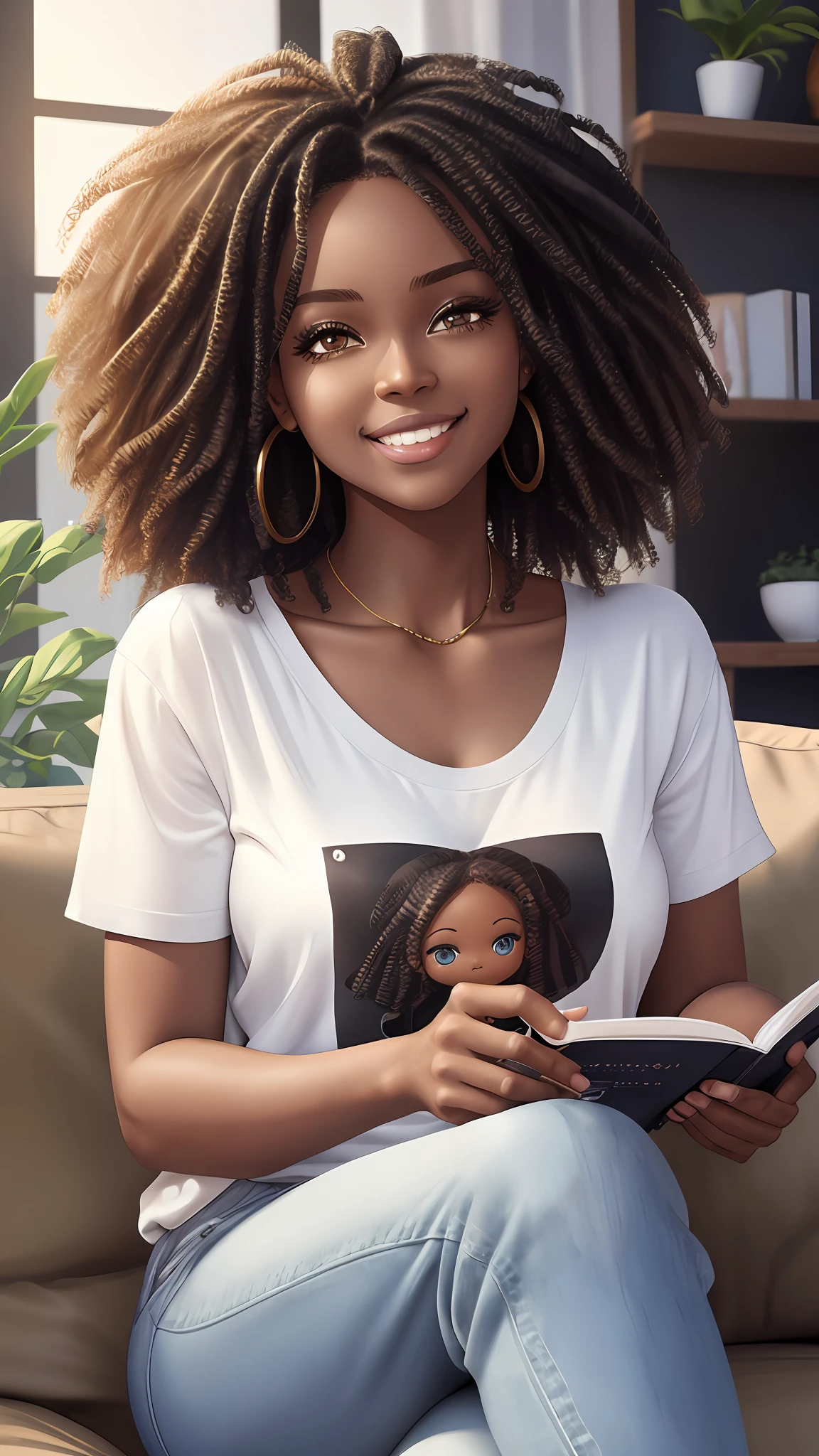 realistic portrait of a beautiful 9 month old African American baby girl ((dark skin color)) writing in a notebook, ((chibi)), cute smile, ((sitting on a living room sofa)), wearing white T-shirt and jeans , current fashion , mega hair long curly hair, ((kanekalon)), (cinematic Contour lighting), close-up, product preview, detailed facial details, perfect face, sharpness, trend art, sharp facial details, cgsociety , very high quality digital artwork, exquisite hyper detail , 4k, 3D, 8k soft lighting, dreamy fashion --auto --s2