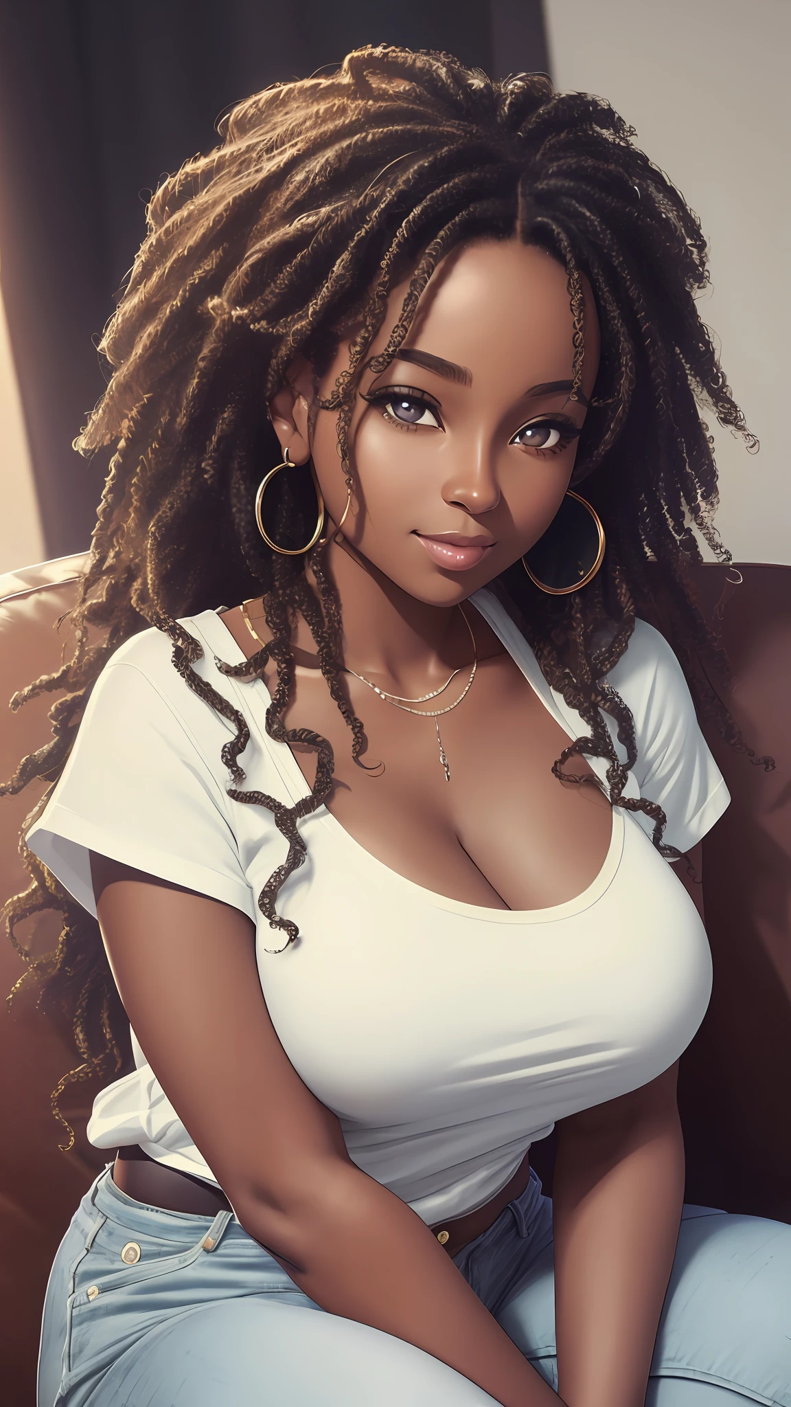 realistic portrait of a beautiful 9 month old African American baby girl ((dark skin color)) writing in a notebook, ((chibi)), cute smile, ((sitting on a living room sofa)), wearing white T-shirt and jeans , current fashion , mega hair long curly hair, ((kanekalon)), (cinematic Contour lighting), close-up, product preview, detailed facial details, perfect face, sharpness, trend art, sharp facial details, cgsociety , very high quality digital artwork, exquisite hyper detail , 4k, 3D, 8k soft lighting, dreamy  fashion --auto --s2